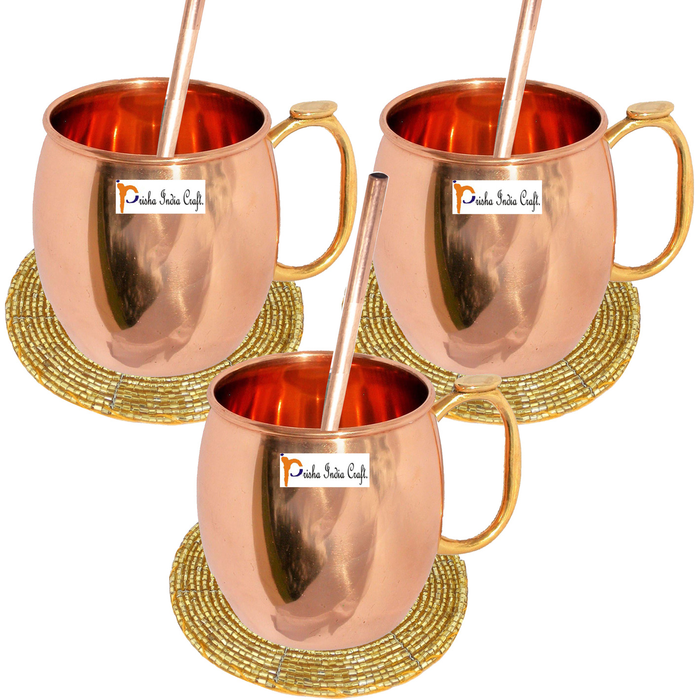 Set of 3 - Prisha India Craft B. Pure Copper Moscow Mules Copper Mug with Thumb Handle 475 ML / 16 oz - Cocktail Cup - Christmas Gift Bonus with WOODEN KEYRING, Copper Straw, Beaded Coaster