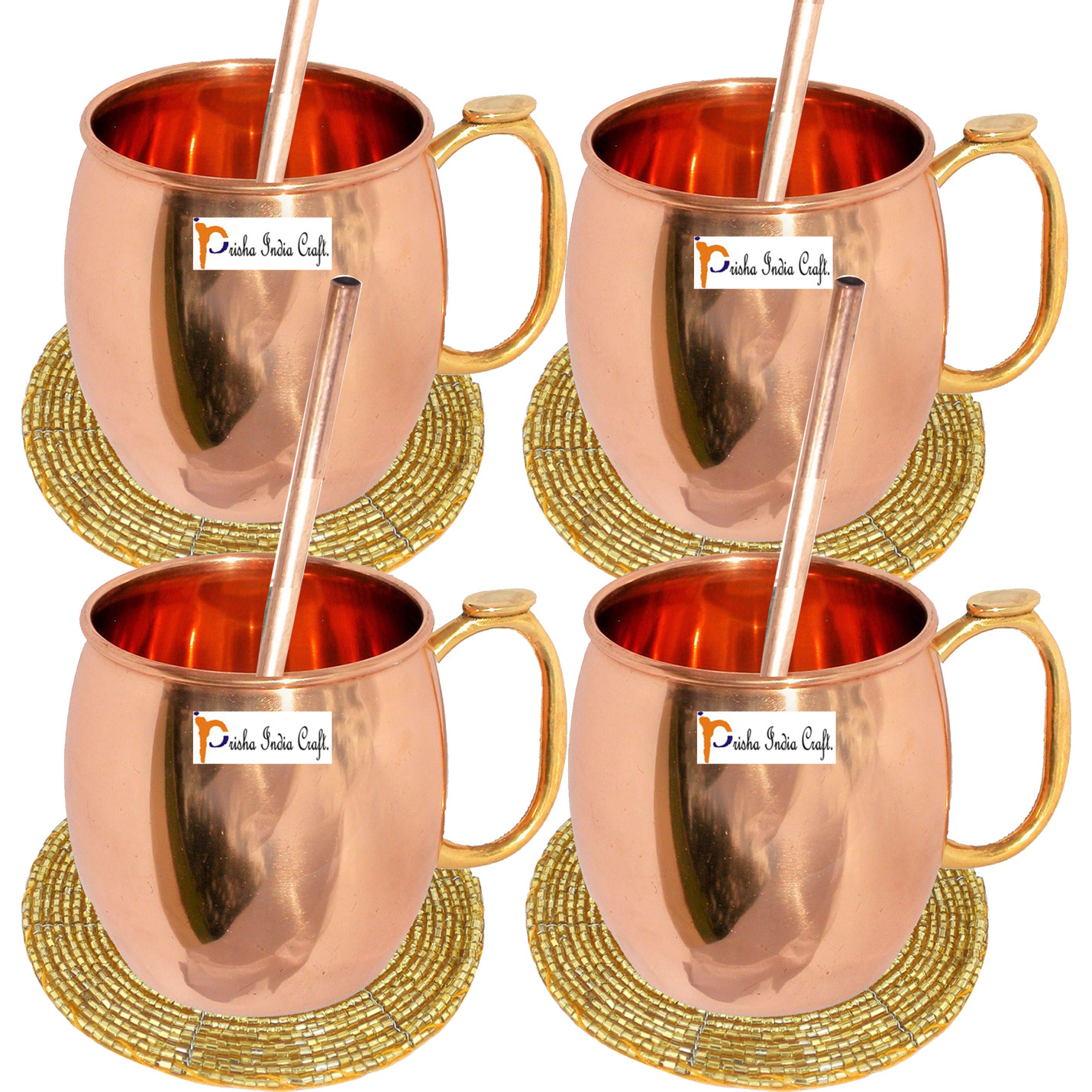 Set of 4 - Prisha India Craft B. Pure Copper Moscow Mules Copper Mug with Thumb Handle 475 ML / 16 oz - Cocktail Cup - Christmas Gift Bonus with WOODEN KEYRING, Copper Straw, Beaded Coaster