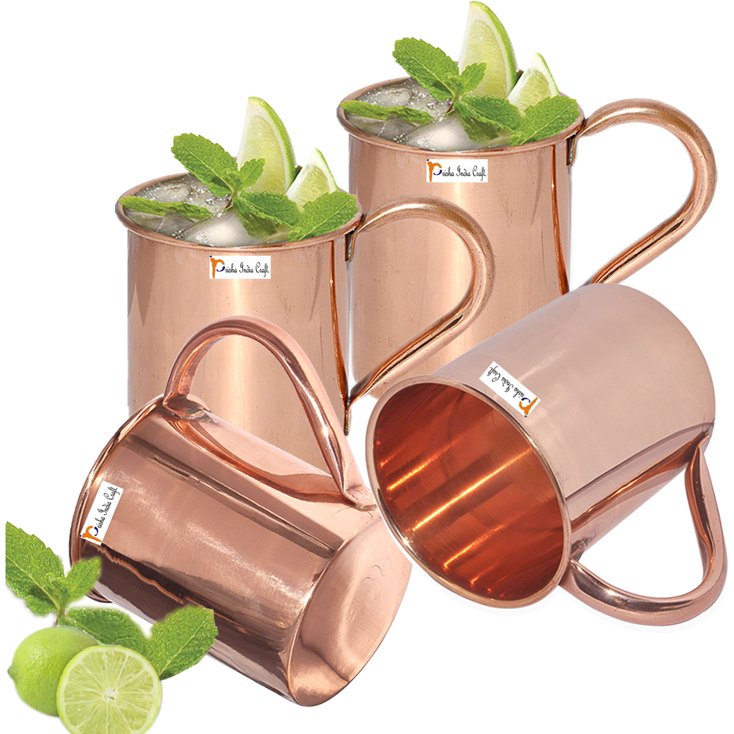 Set of 4 - Prisha India Craft B.Copper Mug for Moscow Mules 450 ML / 15 oz - 100% pure copper - Lacquered Finish Mule Cup, Moscow Mule Cocktail Cup, Copper Mugs, Cocktail Mugs with No Inner Linings
