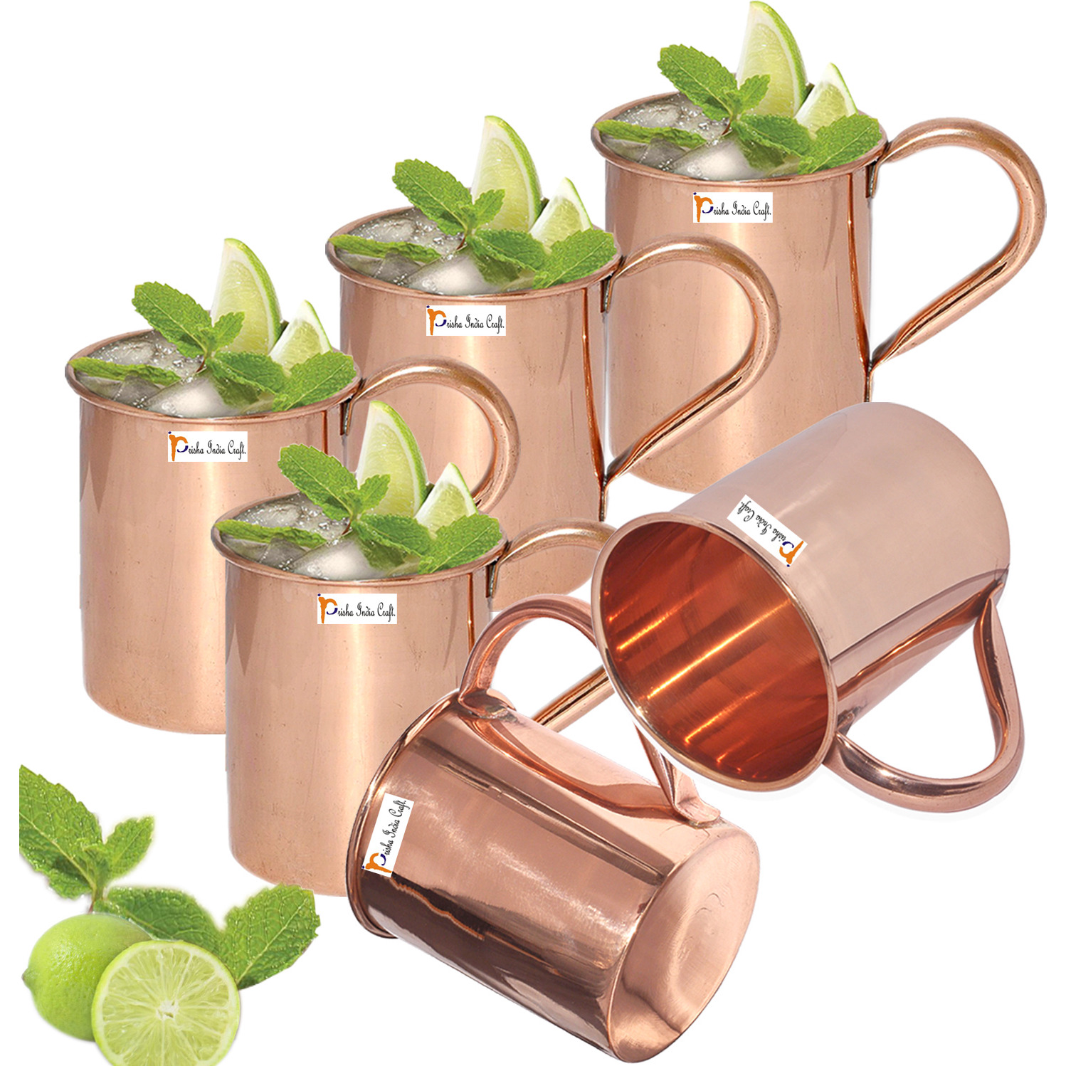 Set of 6 - Prisha India Craft B. Copper Mug for Moscow Mules 450 ML / 15 oz - 100% pure copper - Lacquered Finish Mule Cup, Moscow Mule Cocktail Cup, Copper Mugs, Cocktail Mugs with No Inner Linings