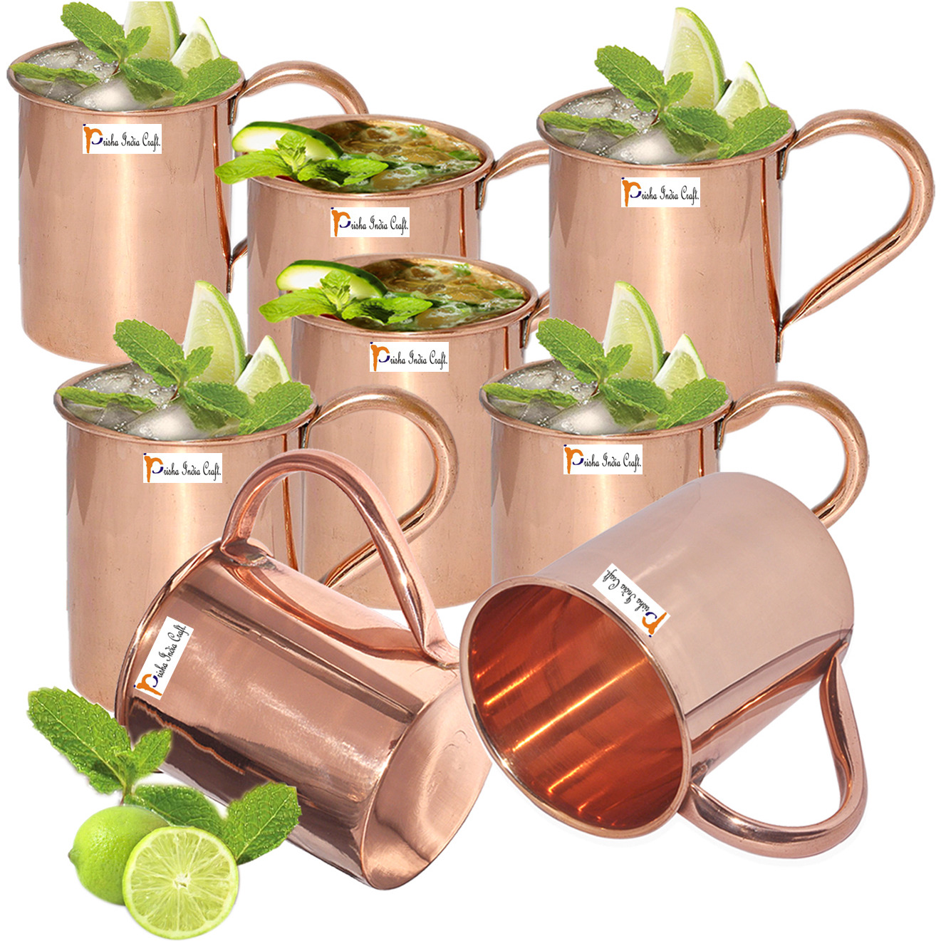 Set of 8 - Prisha India Craft B. Copper Mug for Moscow Mules 450 ML / 15 oz - 100% pure copper - Lacquered Finish Mule Cup, Moscow Mule Cocktail Cup, Copper Mugs, Cocktail Mugs with No Inner Linings
