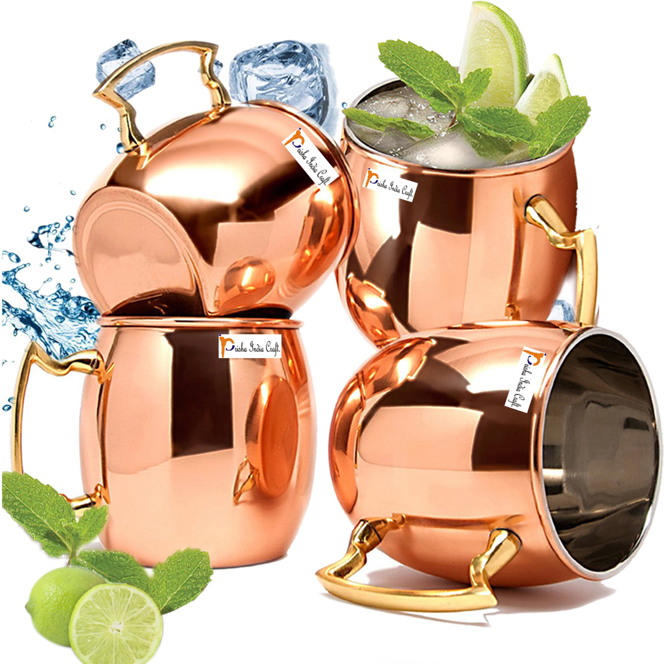 Set of 4 - Prisha India Craft B. Copper Mug for Moscow Mules 550 ML / 18 oz Inside Nickle Plain Best Quality Lacquered Finish Mule Cup, Moscow Mule Cocktail Cup, Copper Mugs, Cocktail Mugs