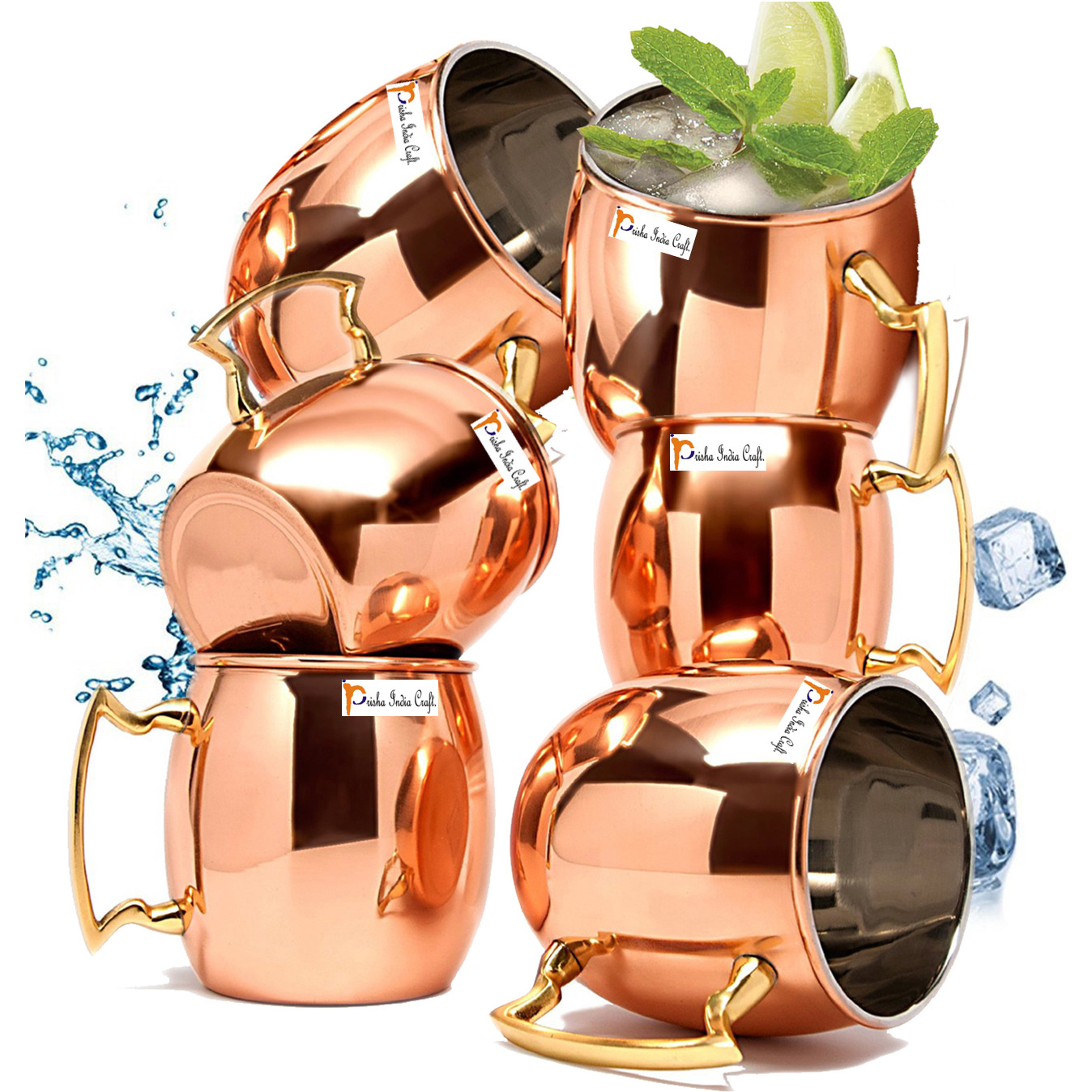 Set of 6 - Prisha India Craft B. Copper Mug for Moscow Mules 550 ML / 18 oz Inside Nickle Plain Best Quality Lacquered Finish Mule Cup, Moscow Mule Cocktail Cup, Copper Mugs, Cocktail Mugs