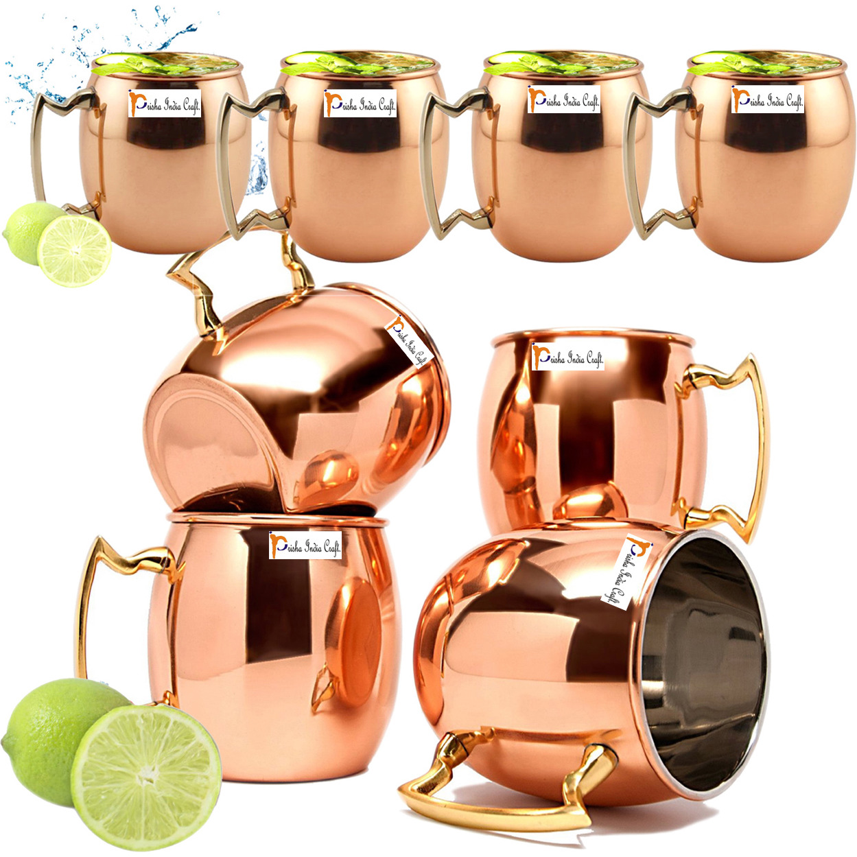 Set of 8 - Prisha India Craft B. Copper Mug for Moscow Mules 550 ML / 18 oz Inside Nickle Plain Best Quality Lacquered Finish Mule Cup, Moscow Mule Cocktail Cup, Copper Mugs, Cocktail Mugs