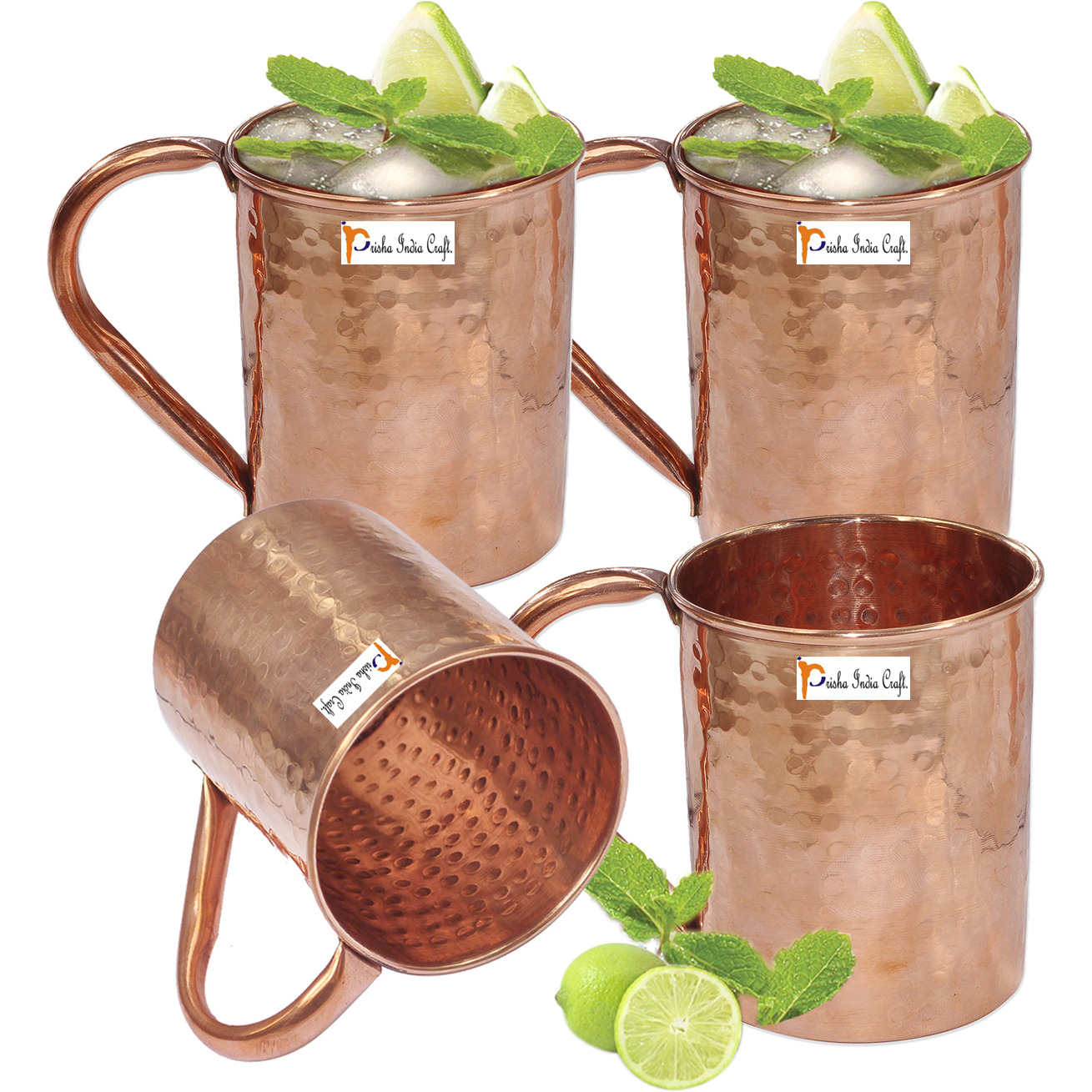 Set of 4 - Prisha India Craft B. Copper Mug for Moscow Mules 500 ML / 16.90 oz - 100% pure copper - Lacquered Finish - Hammered Style Mule Cup, Moscow Mule Cocktail Cup, Copper Mugs, Cocktail Mugs