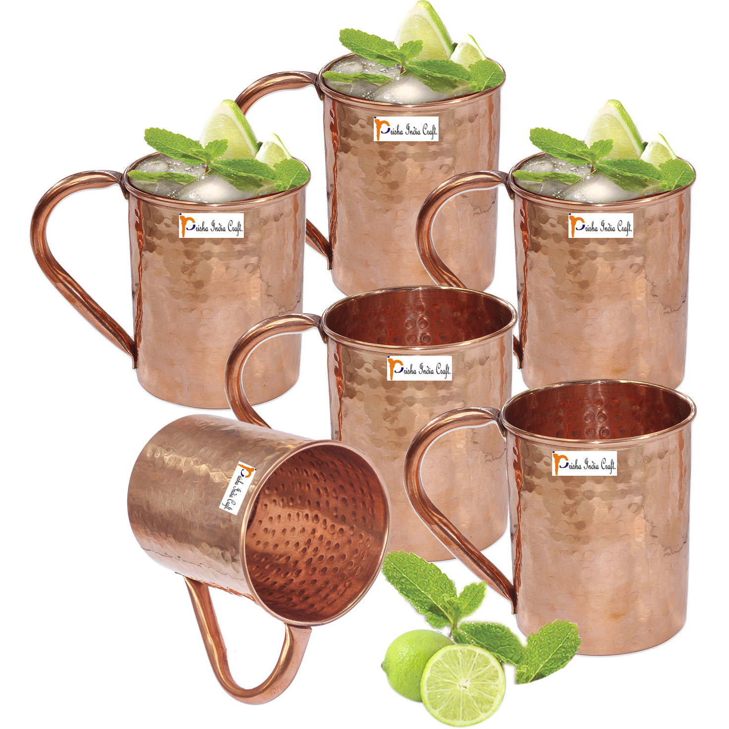 Set of 6 - Prisha India Craft B. Copper Mug for Moscow Mules 500 ML / 16.90 oz - 100% pure copper - Lacquered Finish - Hammered Style Mule Cup, Moscow Mule Cocktail Cup, Copper Mugs, Cocktail Mugs