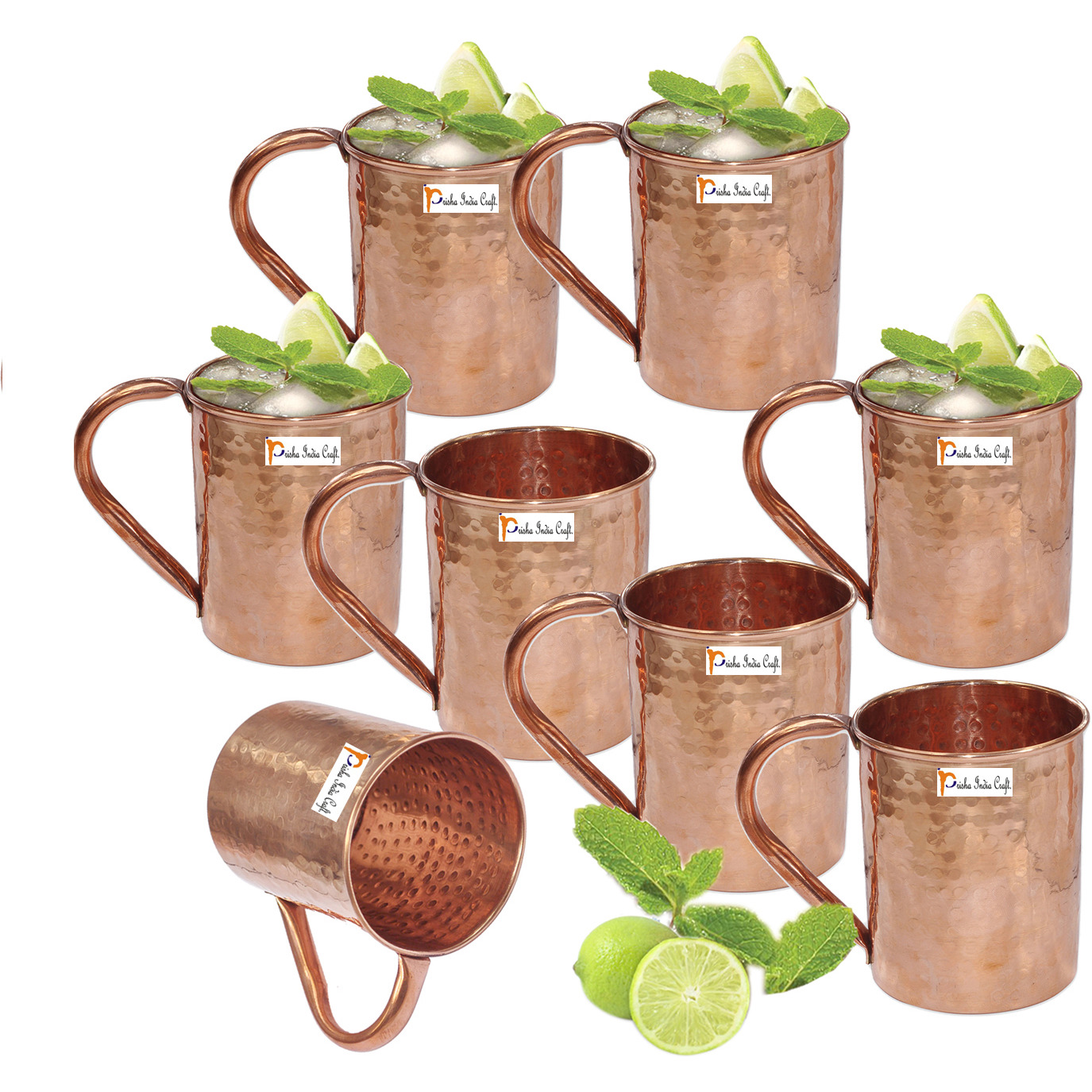 Set of 8 - Prisha India Craft B. Copper Mug for Moscow Mules 500 ML / 16.90 oz - 100% pure copper - Lacquered Finish - Hammered Style Mule Cup, Moscow Mule Cocktail Cup, Copper Mugs, Cocktail Mugs