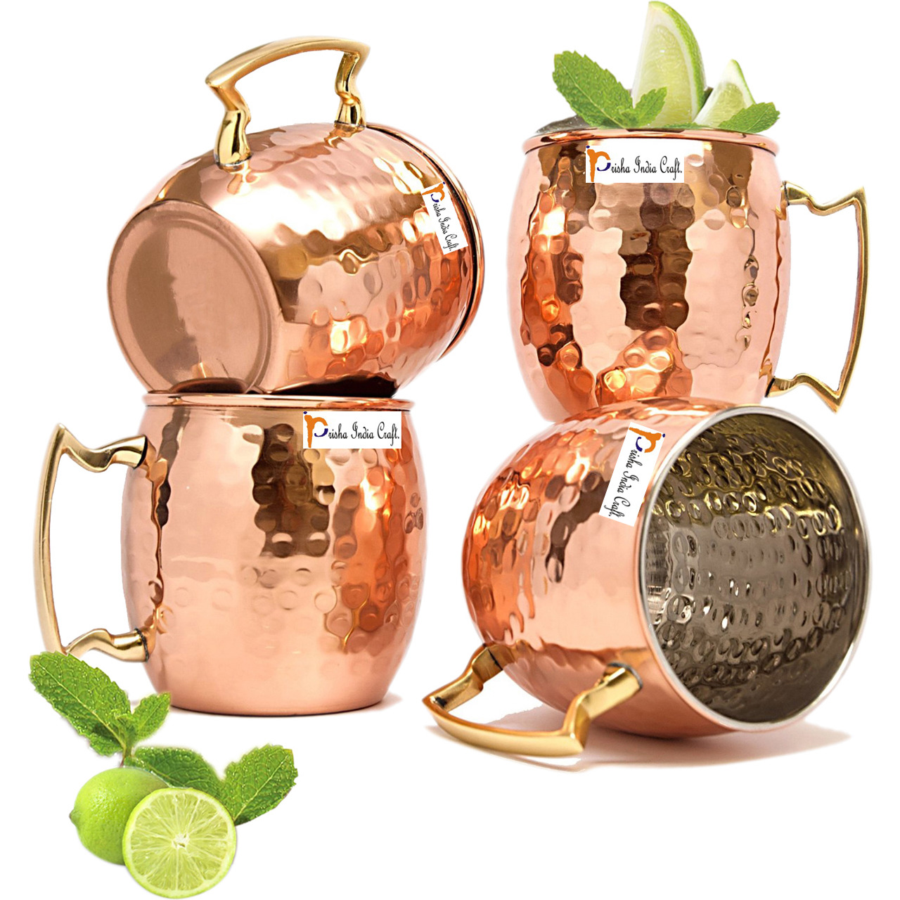 Set of 4 - Prisha India Craft B. Copper Mug for Moscow Mules 560 ML / 18 oz Inside Nickle Hammered Best Quality Lacquered Finish Mule Cup, Moscow Mule Cocktail Cup, Copper Mugs, Cocktail Mugs