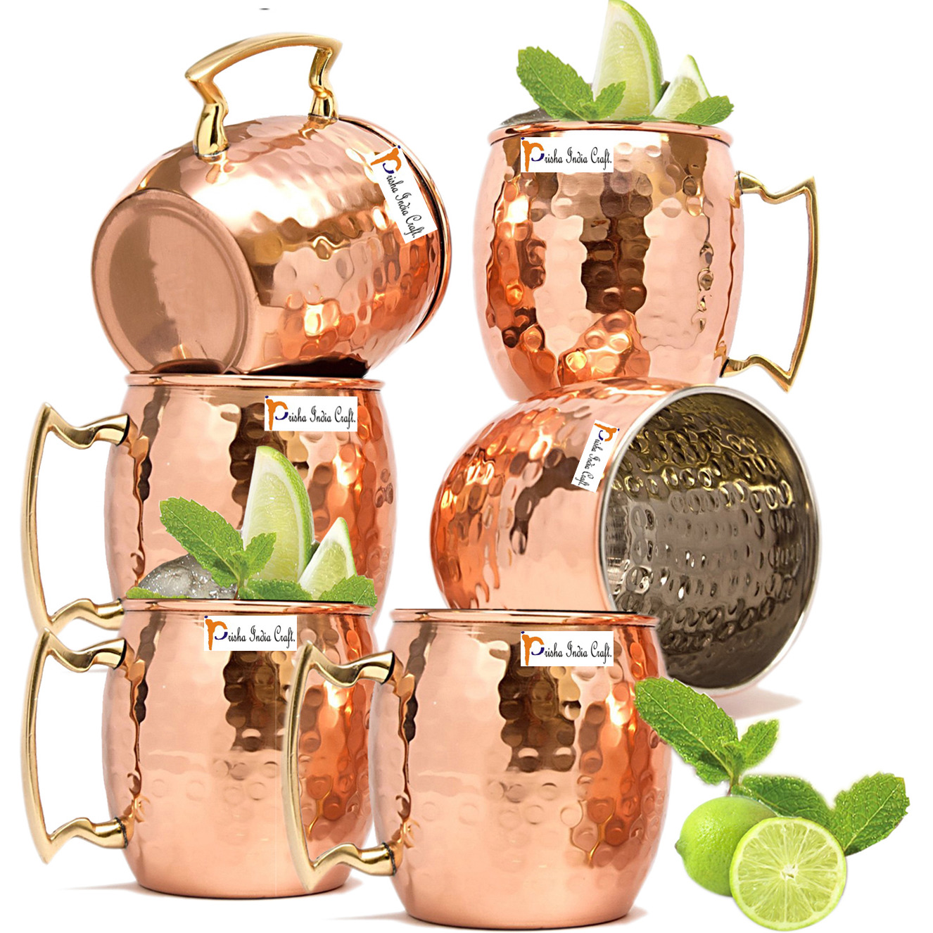 Set of 6 - Prisha India Craft B. Copper Mug for Moscow Mules 560 ML / 18 oz Inside Nickle Hammered Best Quality Lacquered Finish Mule Cup, Moscow Mule Cocktail Cup, Copper Mugs, Cocktail Mugs