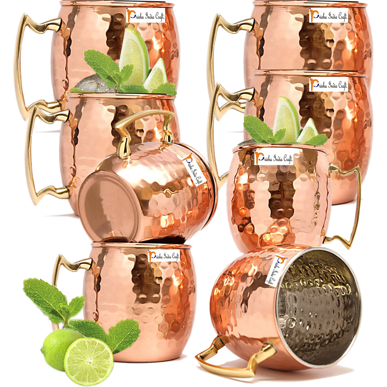 Set of 8 - Prisha India Craft B. Copper Mug for Moscow Mules 560 ML / 18 oz Inside Nickle Hammered Best Quality Lacquered Finish Mule Cup, Moscow Mule Cocktail Cup, Copper Mugs, Cocktail Mugs