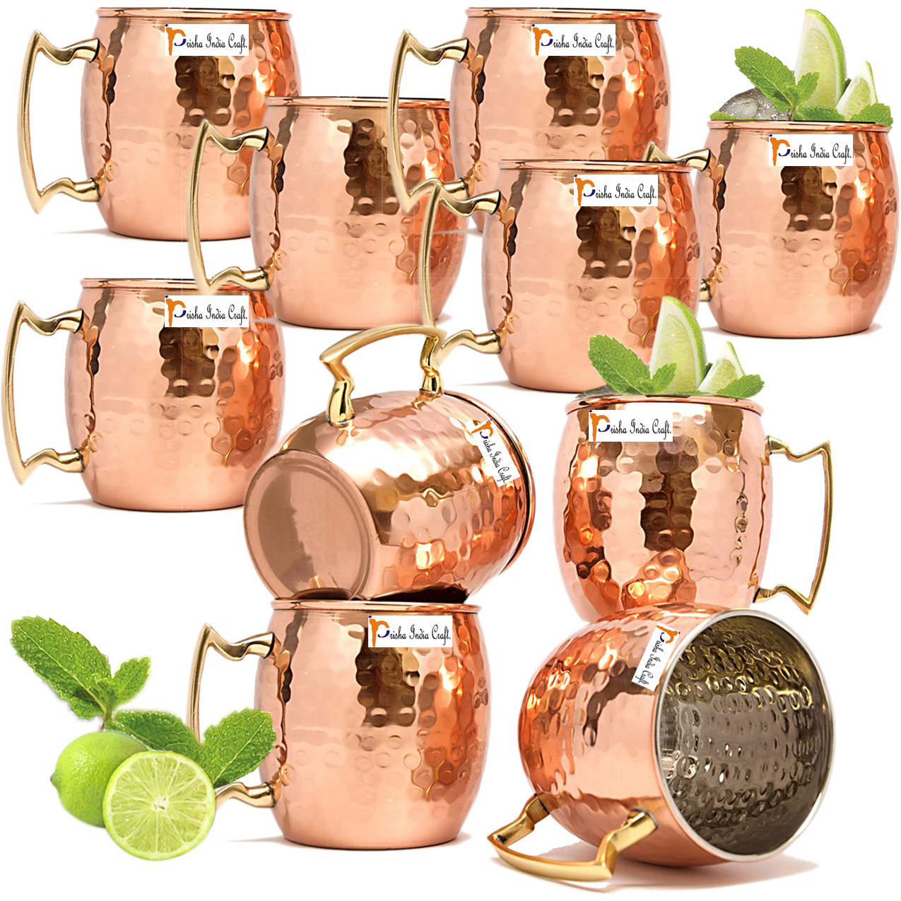Set of 10 - Prisha India Craft B. Copper Mug for Moscow Mules 560 ML / 18 oz Inside Nickle Hammered Best Quality Lacquered Finish Mule Cup, Moscow Mule Cocktail Cup, Copper Mugs, Cocktail Mugs