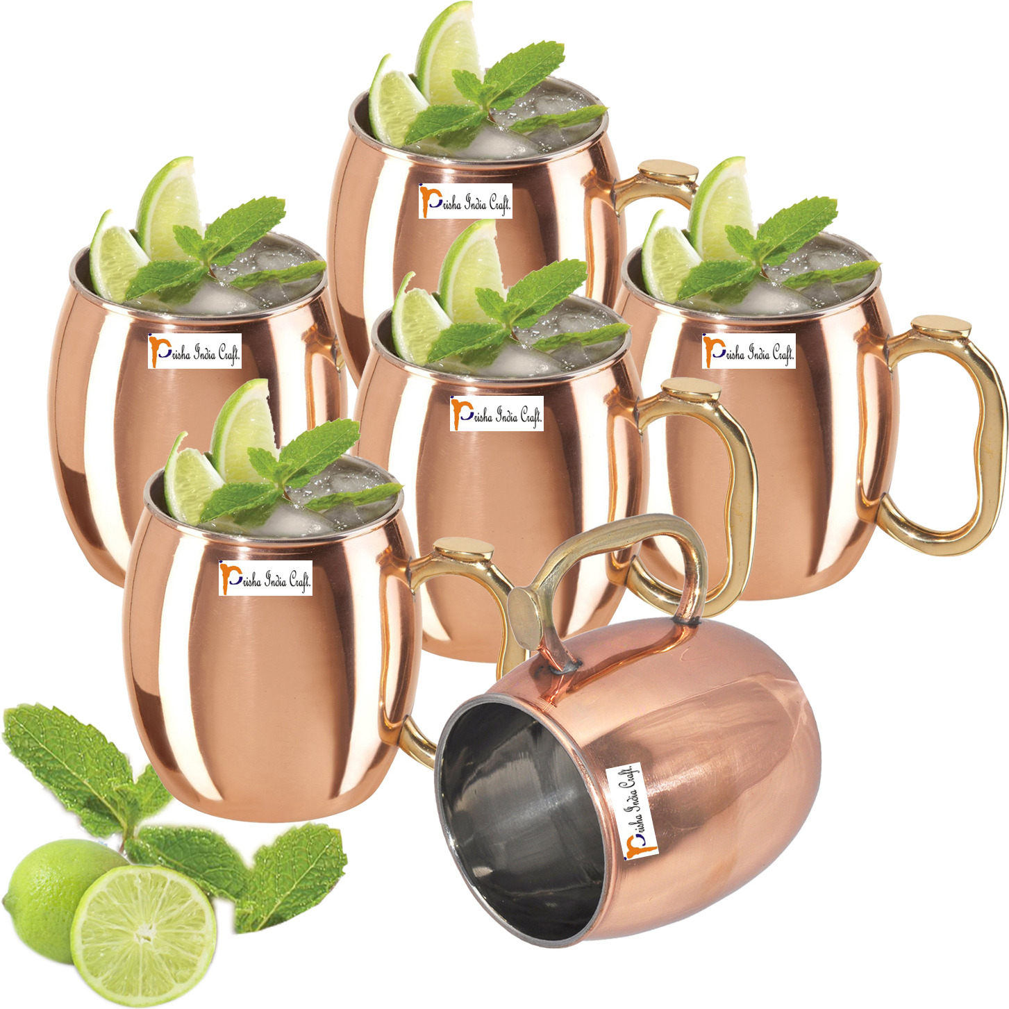 Set of 6 - Prisha India Craft B. Copper Plating Stainless Steel Best Quality MuleMug 550 ML / 18, Thumb HandlePremium Moscow Mule Copper Mug,Moscow Mule Cocktail Cup, Copper Mugs, Cocktail Mugs