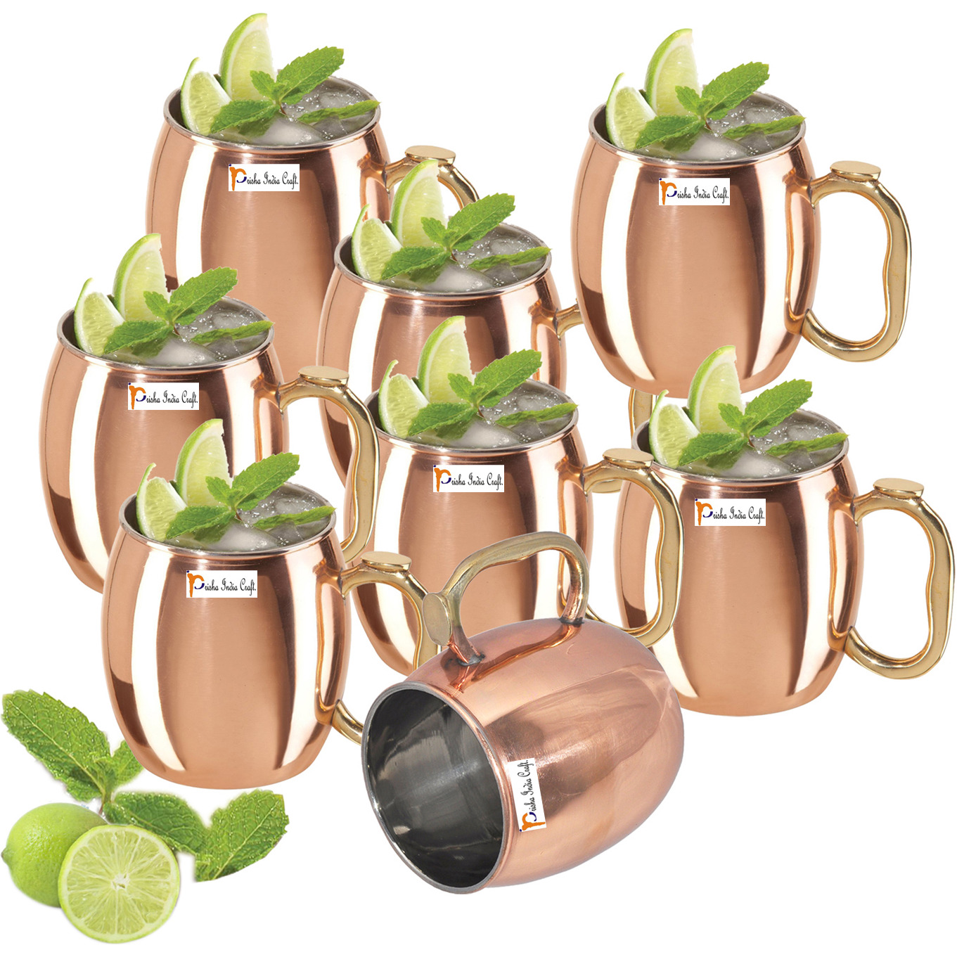 Set of 8 - Prisha India Craft B. Copper Plating Stainless Steel Best Quality MuleMug 550 ML / 18, Thumb HandlePremium Moscow Mule Copper Mug,Moscow Mule Cocktail Cup, Copper Mugs, Cocktail Mugs
