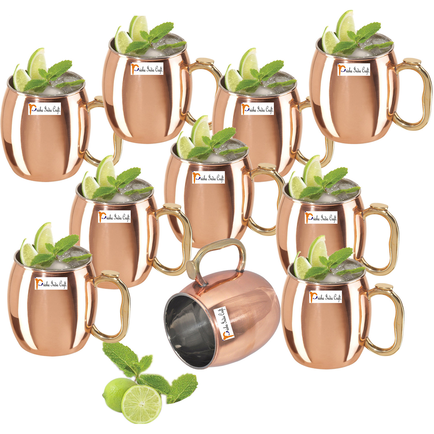 Set of 10 - Prisha India Craft B. Copper Plating Stainless Steel Best Quality MuleMug 550 ML / 18, Thumb HandlePremium Moscow Mule Copper Mug,Moscow Mule Cocktail Cup, Copper Mugs, Cocktail Mugs