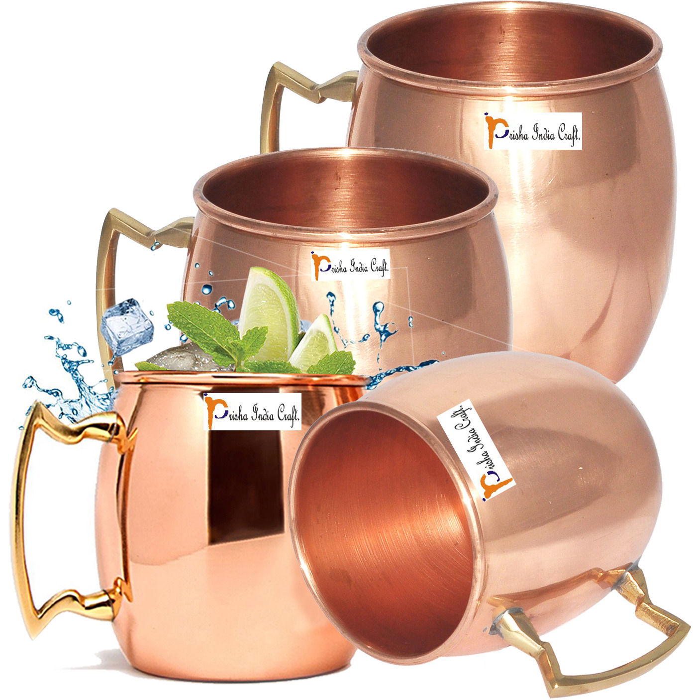 Set of 4 - Prisha India Craft B. Solid Copper Mug for Moscow Mules 550 ML / 18 oz 100% Pure Copper FREE 4 SHOT MUG 2 - OUNCE, Moscow Mule Cocktail Cup, Copper Mugs, Cocktail Mugs