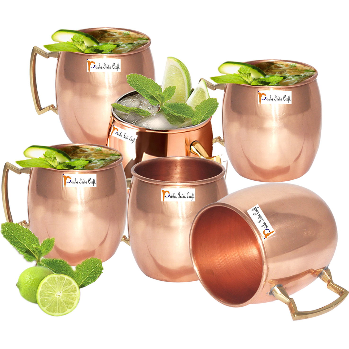 Set of 6 - Prisha India Craft B. Solid Copper Mug for Moscow Mules 550 ML / 18 oz 100% Pure Copper Best Quality Lacquered Finish Mule Cup, Moscow Mule Cocktail Cup, Copper Mugs, Cocktail Mugs