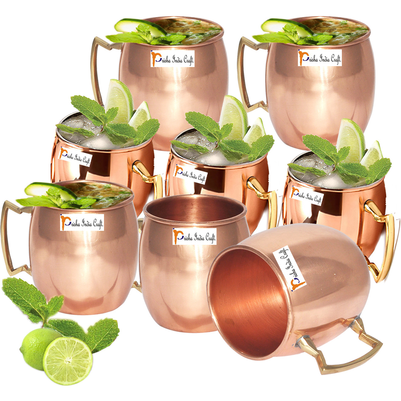 Set of 8 - Prisha India Craft B. Solid Copper Mug for Moscow Mules 550 ML / 18 oz 100% Pure Copper Best Quality Lacquered Finish Mule Cup, Moscow Mule Cocktail Cup, Copper Mugs, Cocktail Mugs