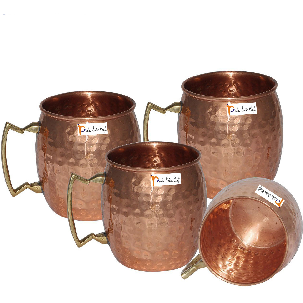 Set of 4 - Prisha India Craft B. Moscow Mule Solid Copper Mug 550 ML / 18 oz - 100% Pure Copper Hammered Best Quality Lacquered Finish, Cocktail Cup, Copper Mugs, Cocktail Mugs with No Inner Linings