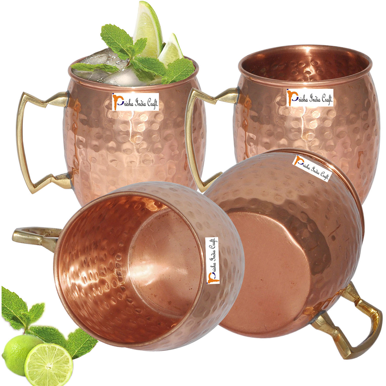 Set of 4 - Prisha India Craft B. Moscow Mule Solid Copper Mug 550 ML / 18 oz - 100% Pure Copper Hammered Best Quality Lacquered Finish, Cocktail Cup, Copper Mugs, Cocktail Mugs with No Inner Linings