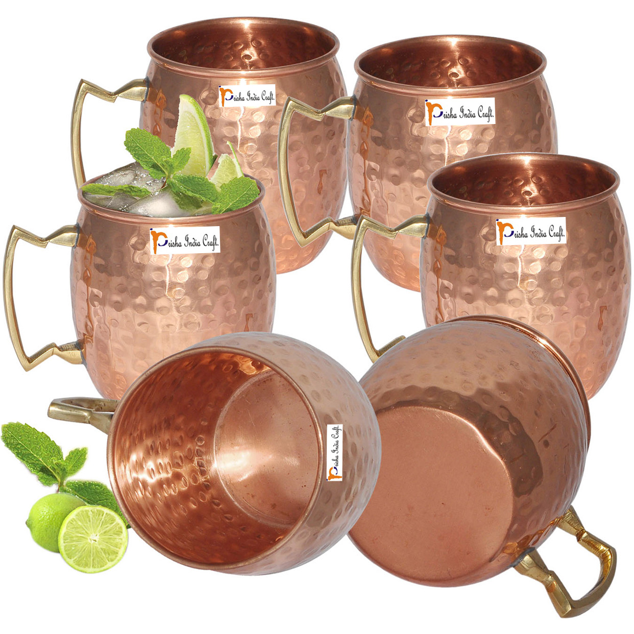 Set of 6 - Prisha India Craft B. Moscow Mule Solid Copper Mug 550 ML / 18 oz - 100% Pure Copper Hammered Best Quality Lacquered Finish, Cocktail Cup, Copper Mugs, Cocktail Mugs with No Inner Linings