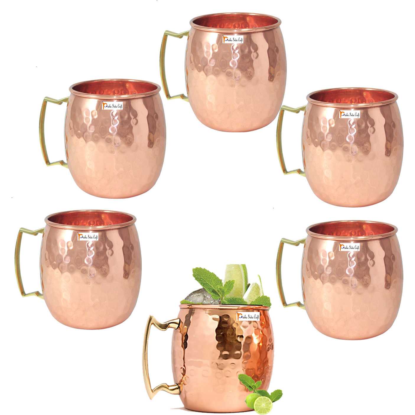 Set of 6 - Prisha India Craft B. Moscow Mule Solid Copper Mug 550 ML / 18 oz - 100% Pure Copper Hammered Best Quality Lacquered Finish, Cocktail Cup, Copper Mugs, Cocktail Mugs with No Inner Linings