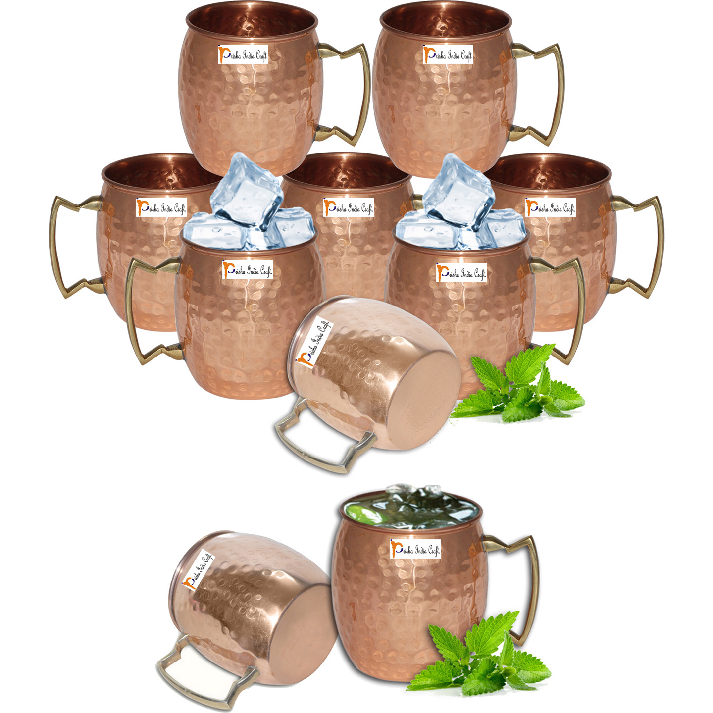 Set of 10 - Prisha India Craft B. Moscow Mule Solid Copper Mug 550 ML / 18 oz - 100% Pure Copper Hammered Best Quality Lacquered Finish, Cocktail Cup, Copper Mugs, Cocktail Mugs with No Inner Linings