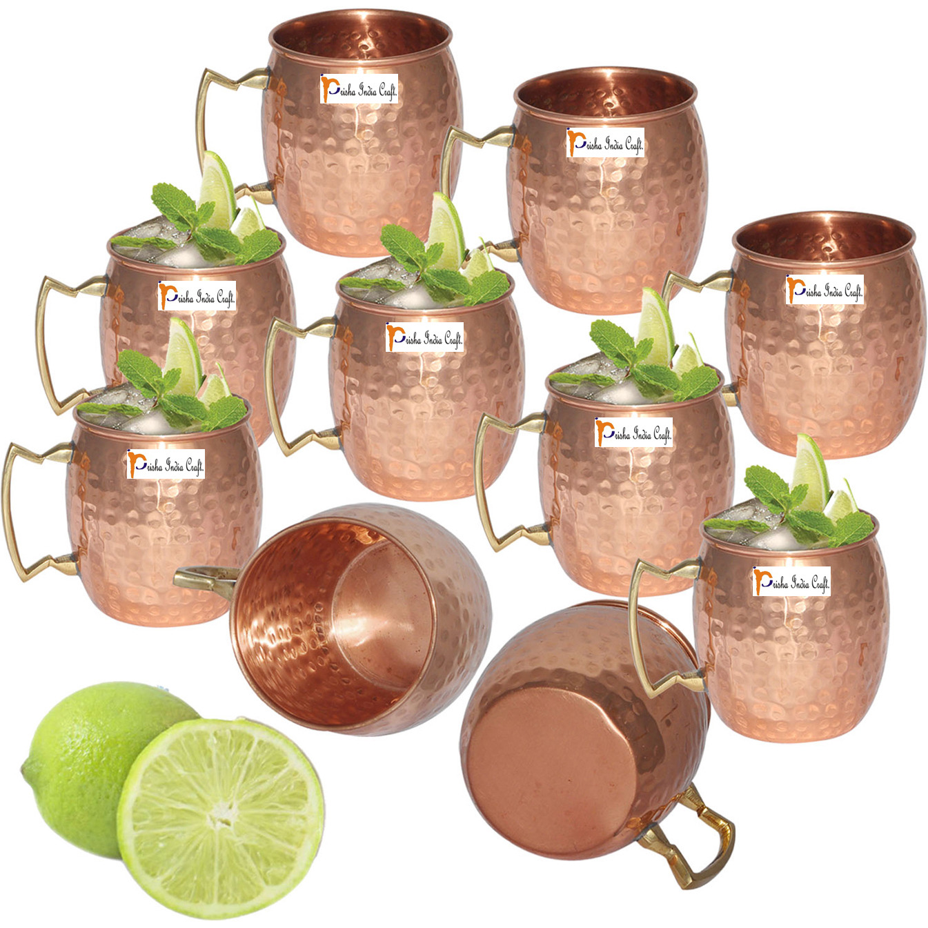 Set of 10 - Prisha India Craft B. Moscow Mule Solid Copper Mug 550 ML / 18 oz - 100% Pure Copper Hammered Best Quality Lacquered Finish, Cocktail Cup, Copper Mugs, Cocktail Mugs with No Inner Linings