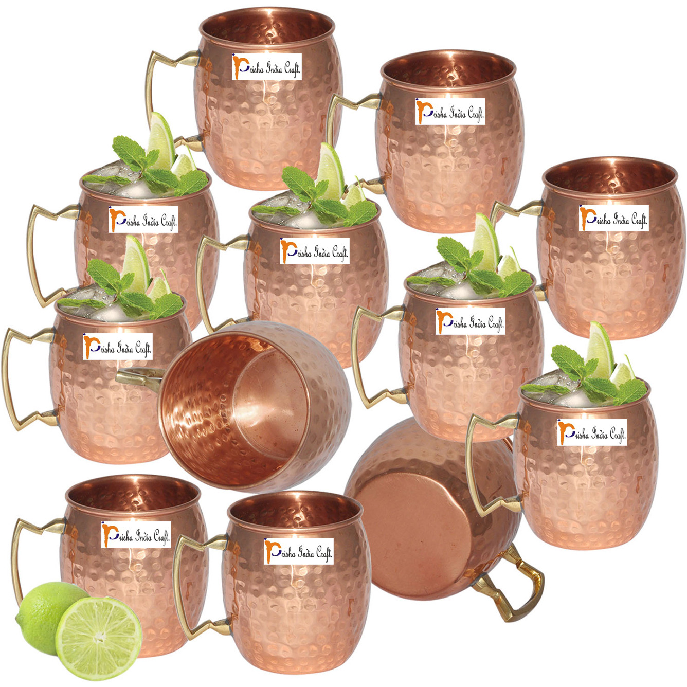 Set of 12 - Prisha India Craft B. Moscow Mule Solid Copper Mug 550 ML / 18 oz - 100% Pure Copper Hammered Best Quality Lacquered Finish, Cocktail Cup, Copper Mugs, Cocktail Mugs with No Inner Linings