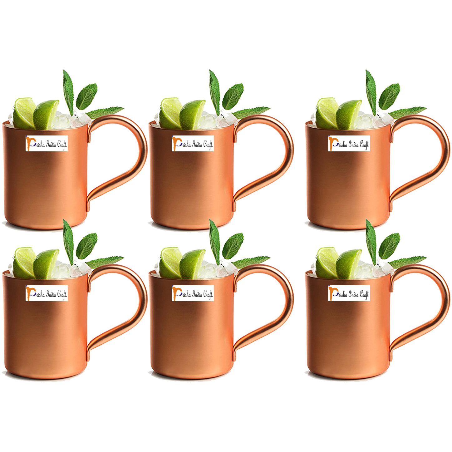 Set of 6 - Prisha India Craft B. Copper Mug for Moscow Mules 450 Ml / 15 Oz - 100% Pure Copper - Lacquered Finish - Solid Copper Best Quality Moscow Mule Mug, Cocktail Cup, Copper Mugs, Cocktail Mugs