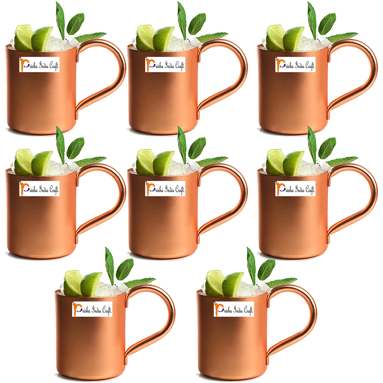 Set of 8 - Prisha India Craft B. Copper Mug for Moscow Mules 450 ML / 15 oz - 100% pure copper - Lacquered Finish - Solid Copper Best Quality Mug, Moscow Mule Cup, Copper Mugs, Cocktail Mugs Gift Idea