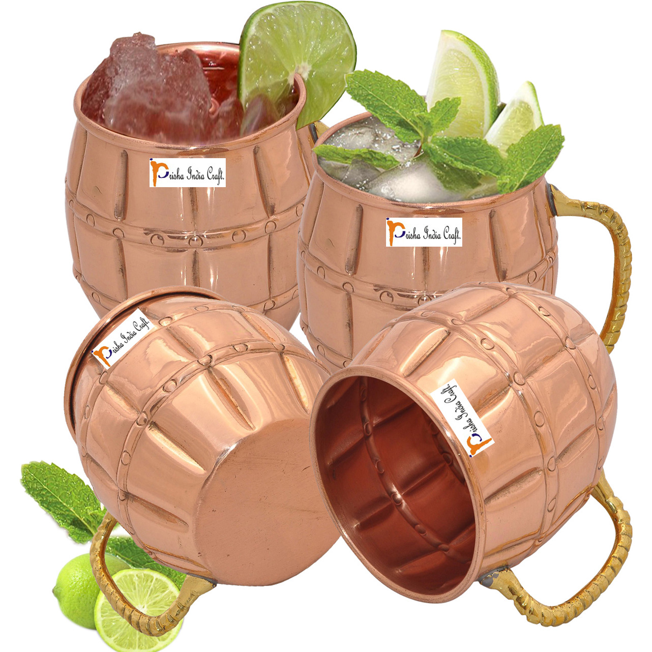 Set of 4 - Prisha India Craft B. Solid Copper Moscow Mule Mug 550 ML / 18 oz 100% Copper Lacquered Finish Best Quality Mule Cup, Moscow Mule Cocktail Cup, Copper Mugs, Cocktail Mugs