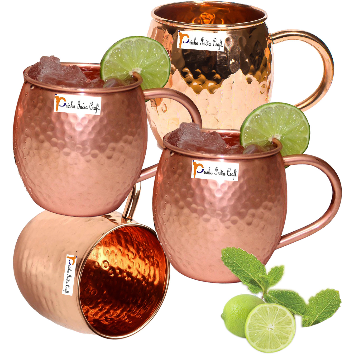 Set of 4 - Prisha India Craft B. Copper Barrel Mug Hammered for Moscow Mules 520 ML / 17 oz 100% Pure Copper Mug, Mule Cup, Moscow Mule Cocktail Cup, Copper Mugs, Cocktail Mugs - with No Inner Linings
