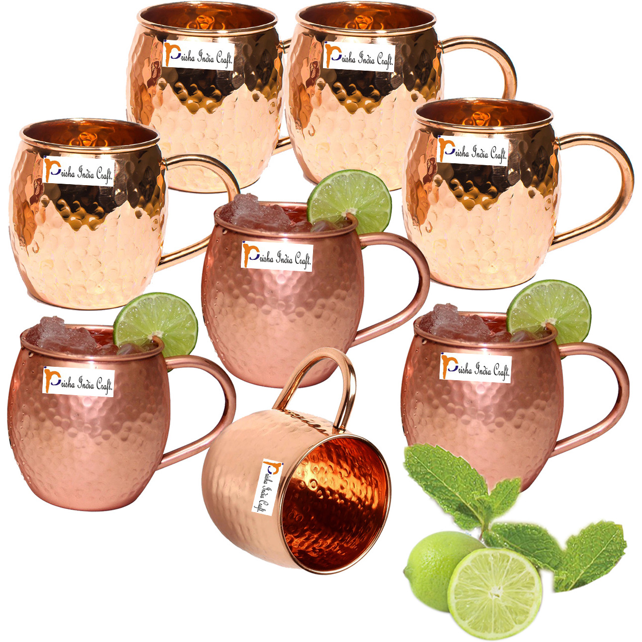 Set of 8 - Prisha India Craft B. Copper Barrel Mug Hammered for Moscow Mules 520 ML / 17 oz 100% Pure Copper Mug, Mule Cup, Moscow Mule Cocktail Cup, Copper Mugs, Cocktail Mugs - with No Inner Linings