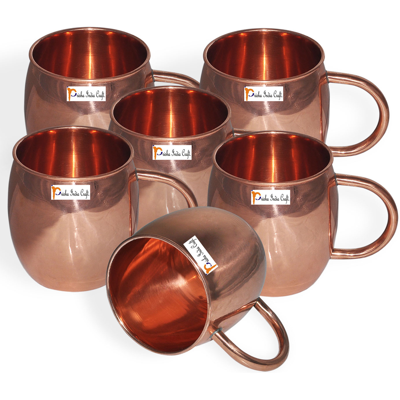 Set of 6 - Prisha India Craft B. Copper Barrel Mug Classic for Moscow Mule 520 ML / 17 oz Pure Copper Mug, Copper Mule Cup, Moscow Mule Cocktail Cup, Copper Mugs, Cocktail Mugs - with No Inner Linings