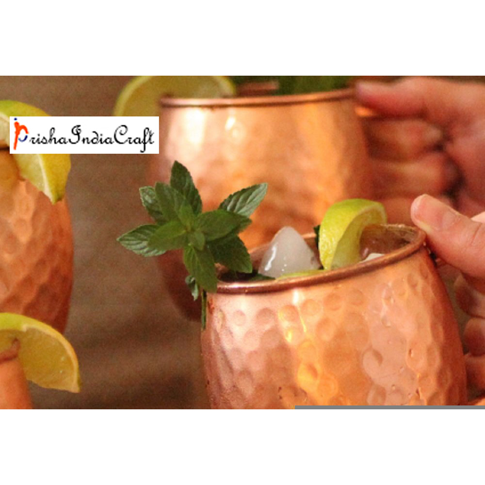 Set of 8 - Prisha India Craft B. Copper Barrel Mug Hammered for Moscow Mules 520 ML / 17 oz Inside Nickel Outside Copper Mule Cup, Moscow Mule Cocktail Cup, Cocktail Mugs with INNER LININGS COPPER MUG