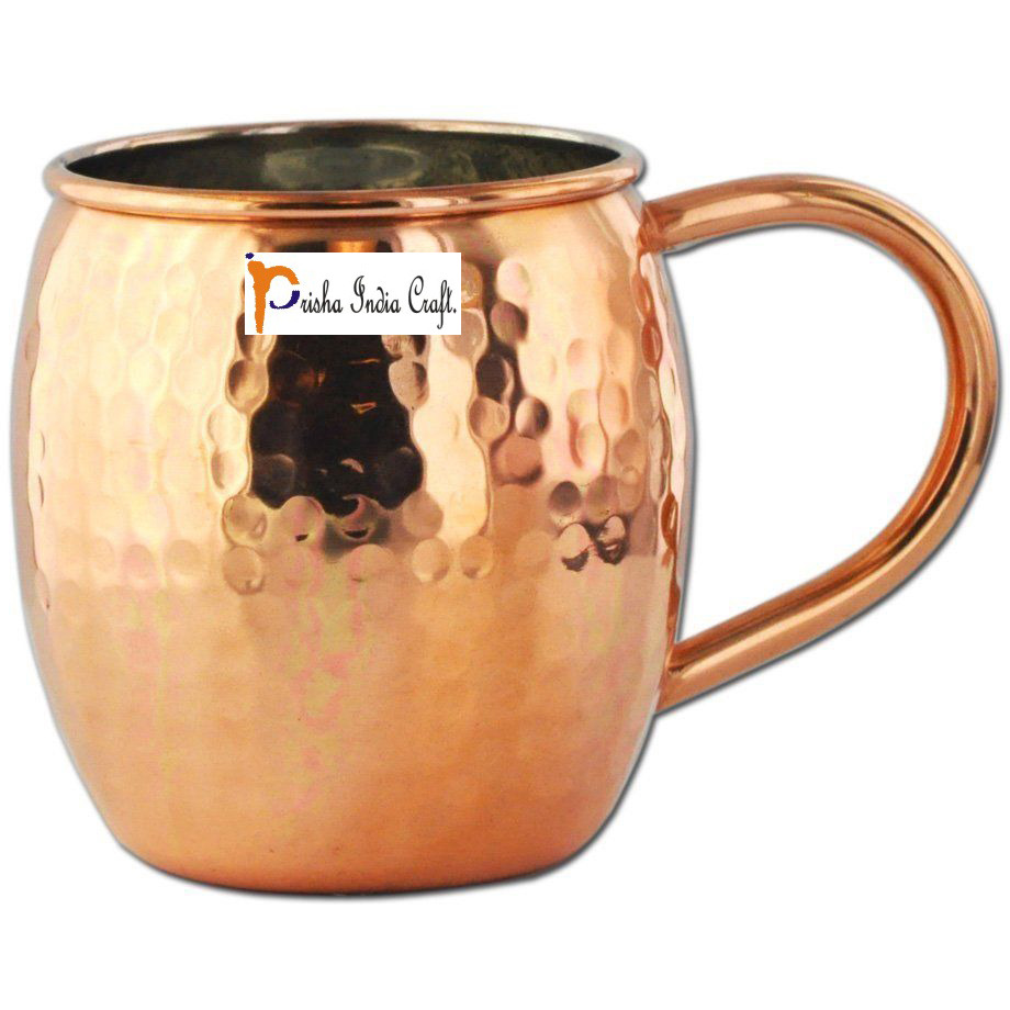 Set of 8 - Prisha India Craft B. Copper Barrel Mug Hammered for Moscow Mules 520 ML / 17 oz Inside Nickel Outside Copper Mule Cup, Moscow Mule Cocktail Cup, Cocktail Mugs with INNER LININGS COPPER MUG