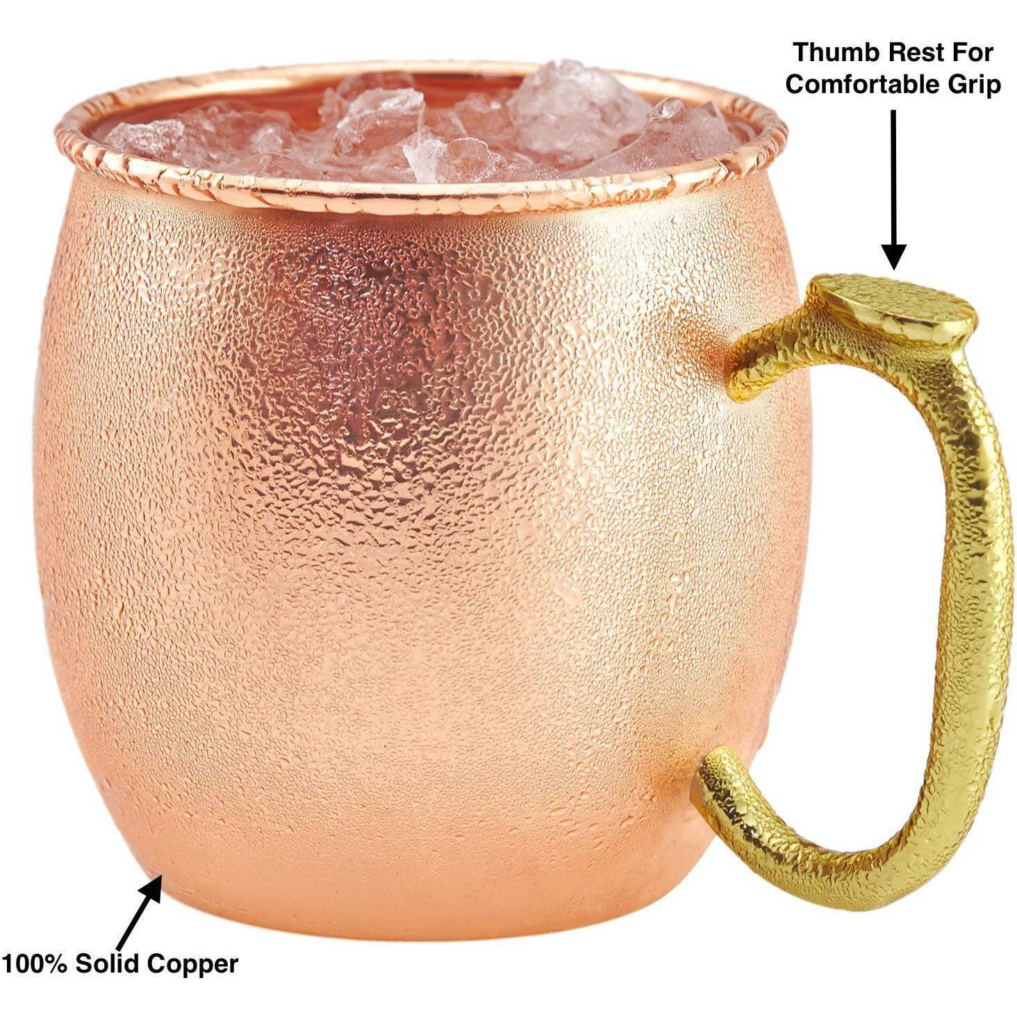 Set of 3 - Prisha India Craft B. Pure Copper Moscow Mules Copper Mug with Thumb Handle 475 ML / 16 oz - Cocktail Cup - Christmas Gift Bonus with WOODEN KEYRING, Copper Straw, Beaded Coaster