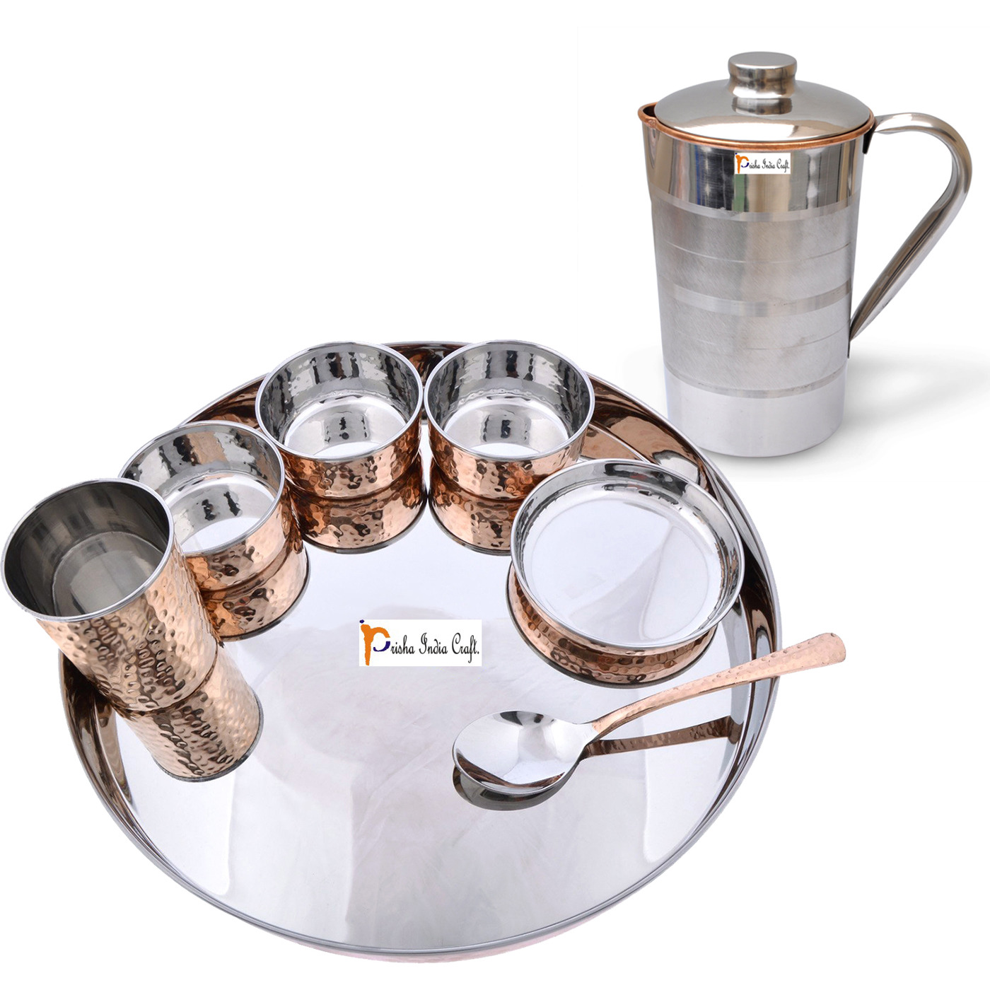 Prisha India Craft B. Dinnerware Traditional Stainless Steel Copper Dinner Set of Thali Plate, Bowls, Glass and Spoon, Dia 13  With 1 Pure Copper Pitcher Jug - Christmas Gift