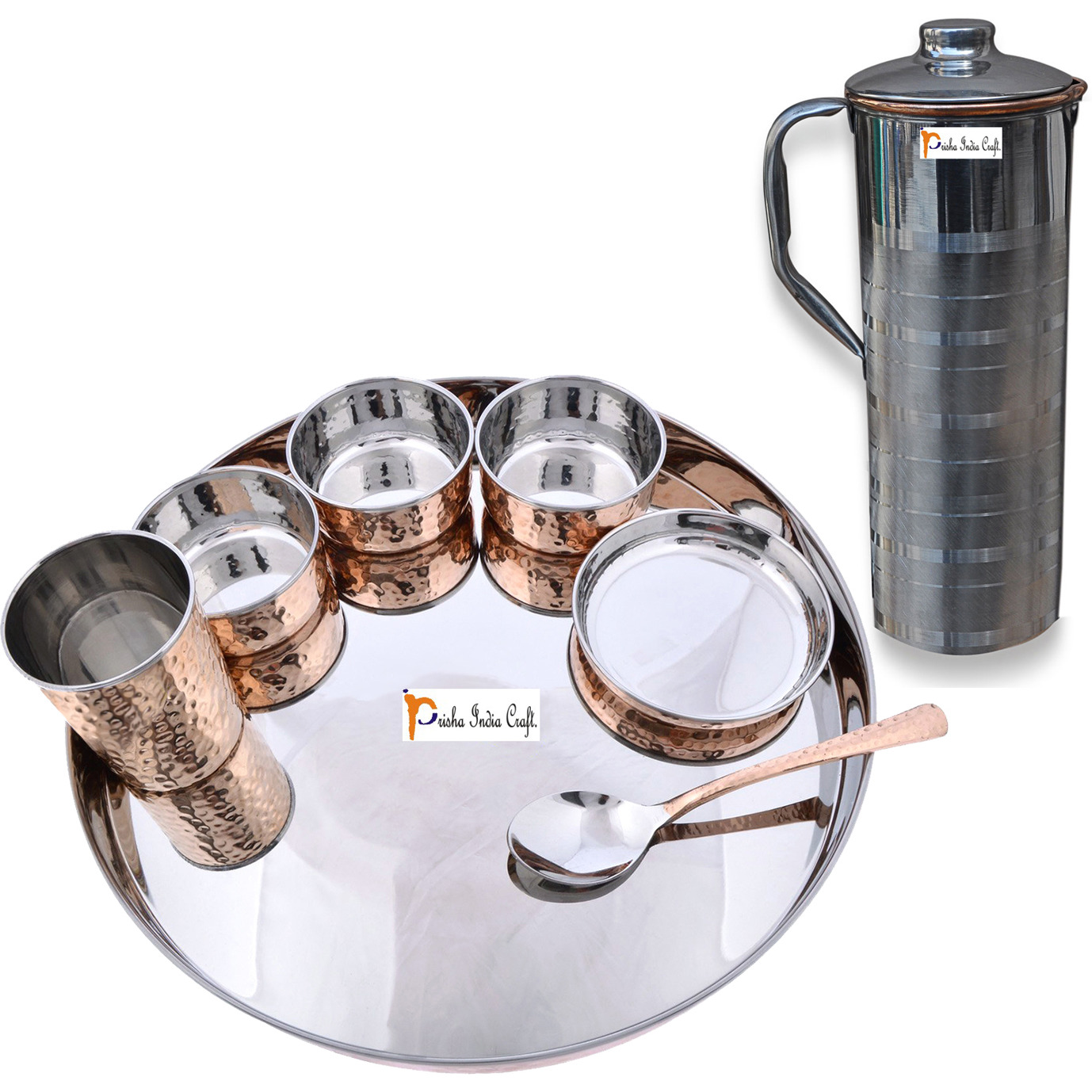 Prisha India Craft B. Dinnerware Traditional Stainless Steel Copper Dinner Set of Thali Plate, Bowls, Glass and Spoon, Dia 13  With 1 Luxury Style Stainless Steel Copper Pitcher Jug - Christmas Gift