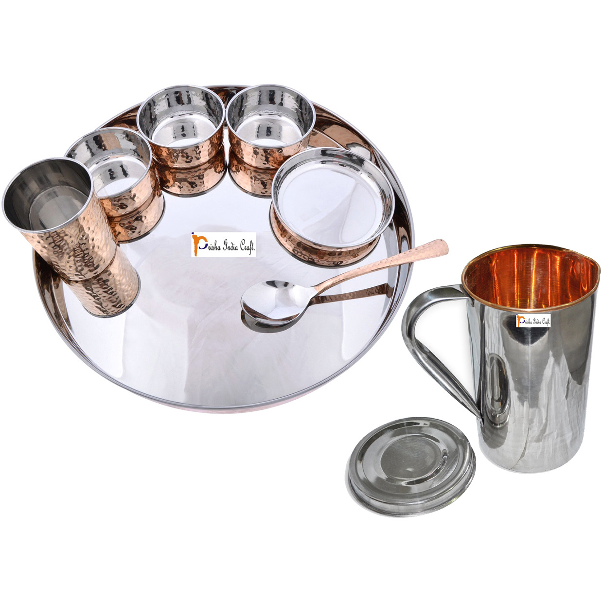 Prisha India Craft B. Dinnerware Traditional Stainless Steel Copper Dinner Set of Thali Plate, Bowls, Glass and Spoon, Dia 13  With 1 Stainless Steel Copper Pitcher Jug - Christmas Gift