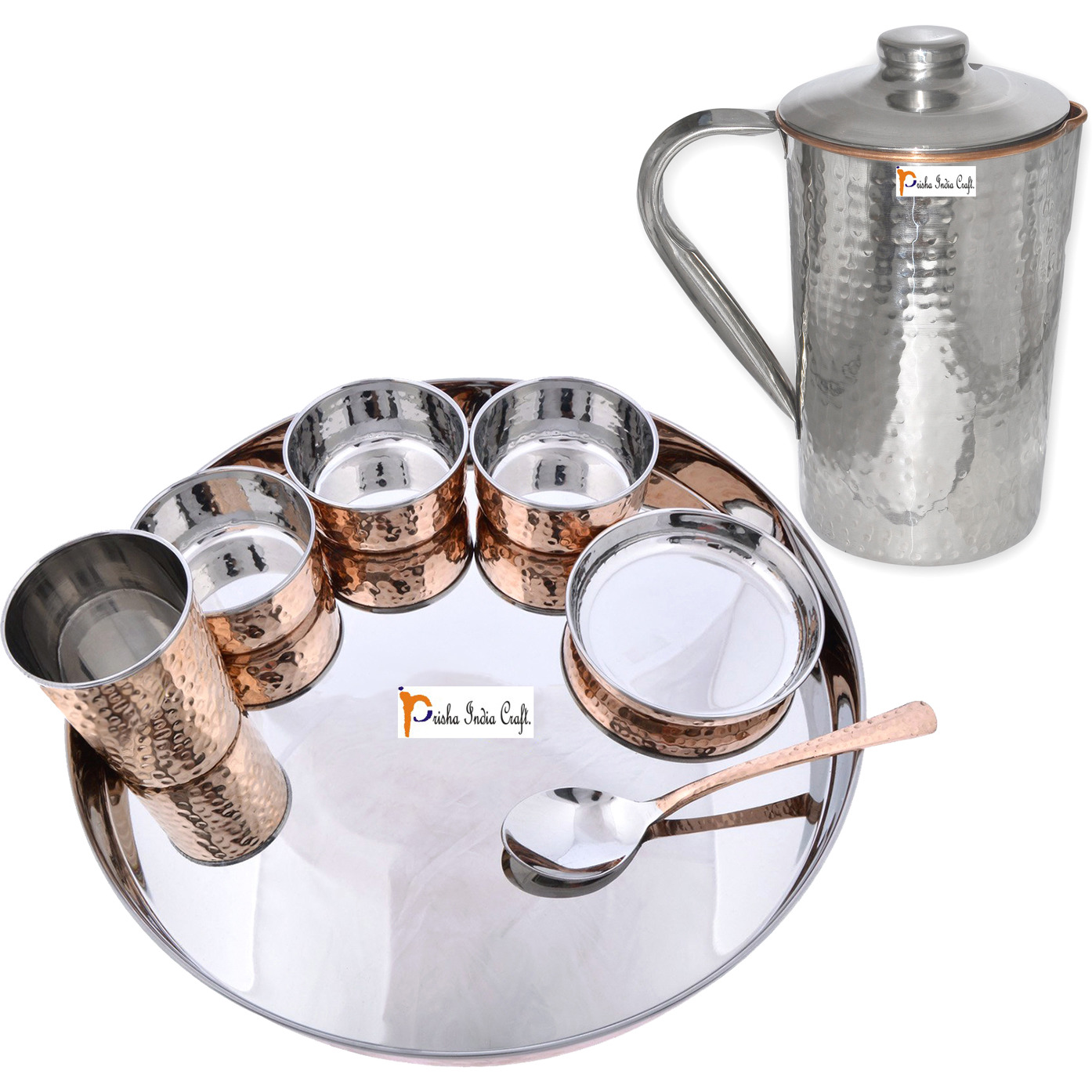 Prisha India Craft B. Dinnerware Traditional Stainless Steel Copper Dinner Set of Thali Plate, Bowls, Glass and Spoon, Dia 13  With 1 Stainless Steel Copper Hammered Pitcher Jug - Christmas Gift