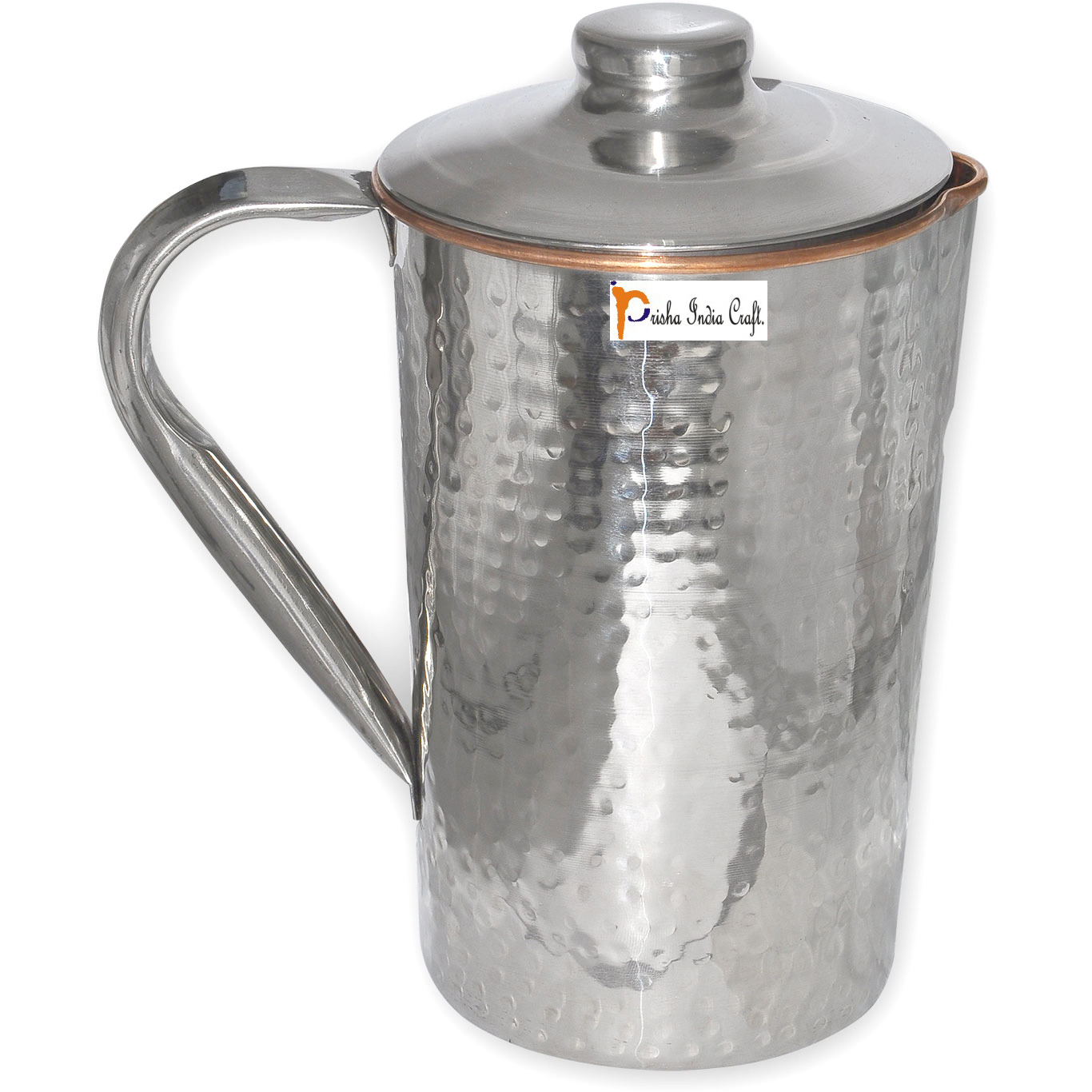 Prisha India Craft B. Dinnerware Traditional Stainless Steel Copper Dinner Set of Thali Plate, Bowls, Glass and Spoon, Dia 13  With 1 Stainless Steel Copper Hammered Pitcher Jug - Christmas Gift