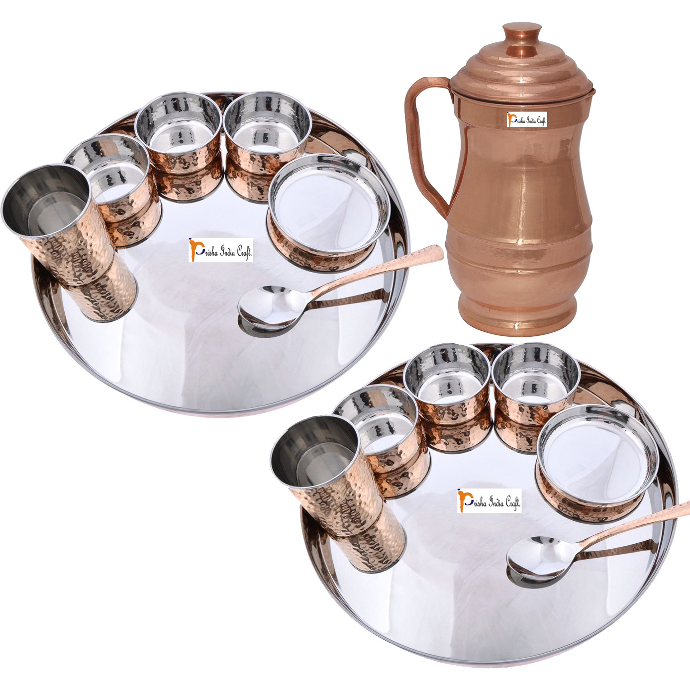 Prisha India Craft B. Set of 2 Dinnerware Traditional Stainless Steel Copper Dinner Set of Thali Plate, Bowls, Glass and Spoon, Dia 13  With 1 Pure Copper Maharaja Pitcher Jug - Christmas Gift