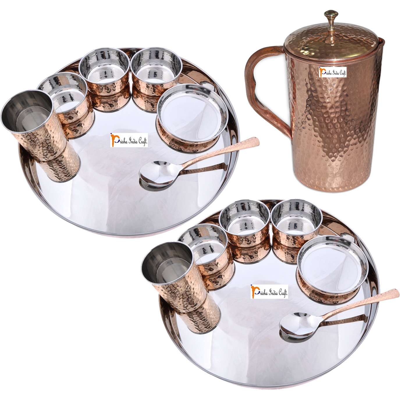 Prisha India Craft B. Set of 2 Dinnerware Traditional Stainless Steel Copper Dinner Set of Thali Plate, Bowls, Glass and Spoon, Dia 13  With 1 Pure Copper Hammered Pitcher Jug - Christmas Gift