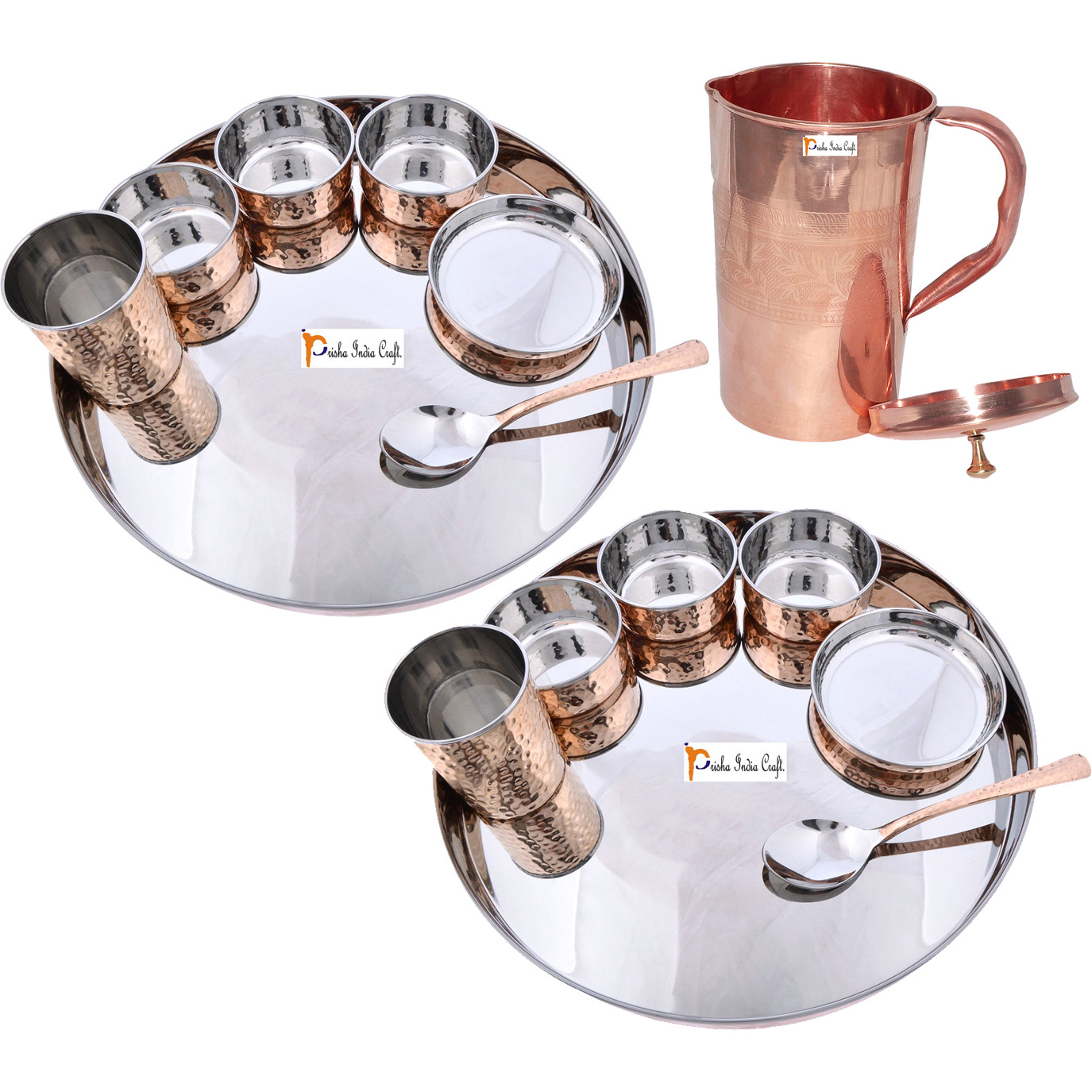 Prisha India Craft B. Set of 2 Dinnerware Traditional Stainless Steel Copper Dinner Set of Thali Plate, Bowls, Glass and Spoon, Dia 13  With 1 Pure Copper Embossed Pitcher Jug - Christmas Gift