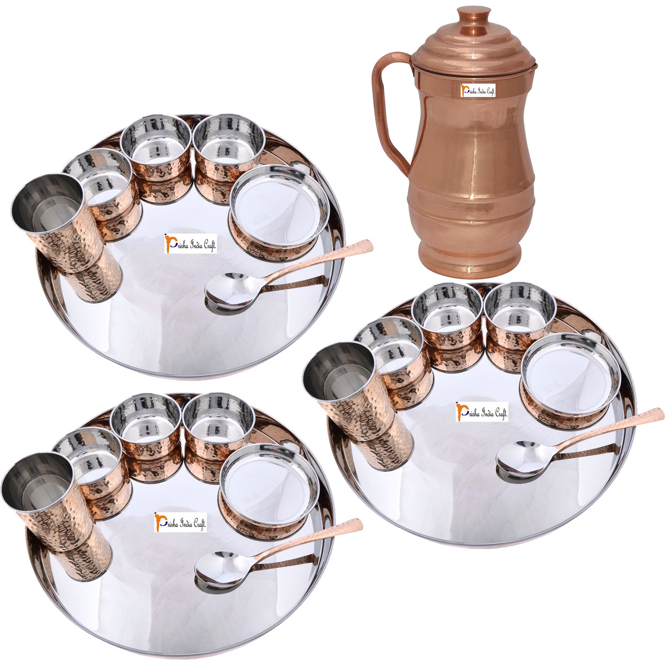 Prisha India Craft B. Set of 3 Dinnerware Traditional Stainless Steel Copper Dinner Set of Thali Plate, Bowls, Glass and Spoon, Dia 13  With 1 Pure Copper Maharaja Pitcher Jug - Christmas Gift