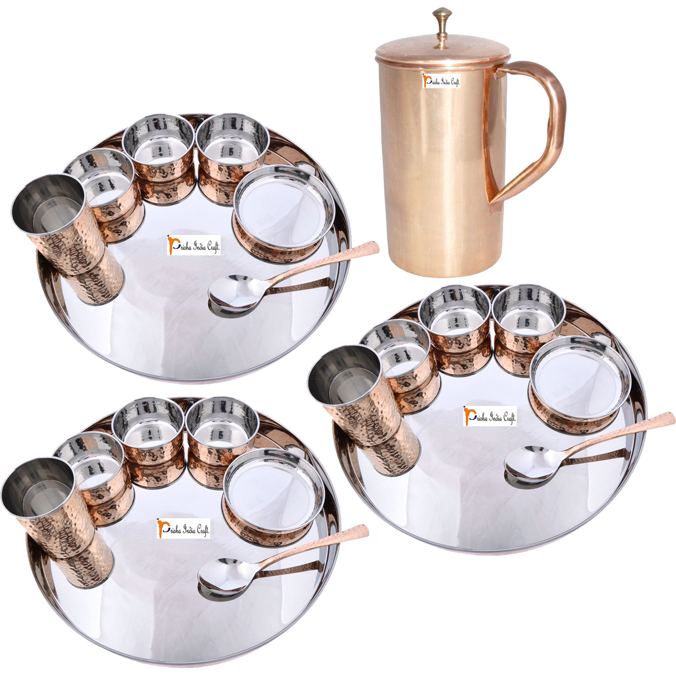 Prisha India Craft B. Set of 3 Dinnerware Traditional Stainless Steel Copper Dinner Set of Thali Plate, Bowls, Glass and Spoon, Dia 13  With 1 Pure Copper Classic Pitcher Jug - Christmas Gift