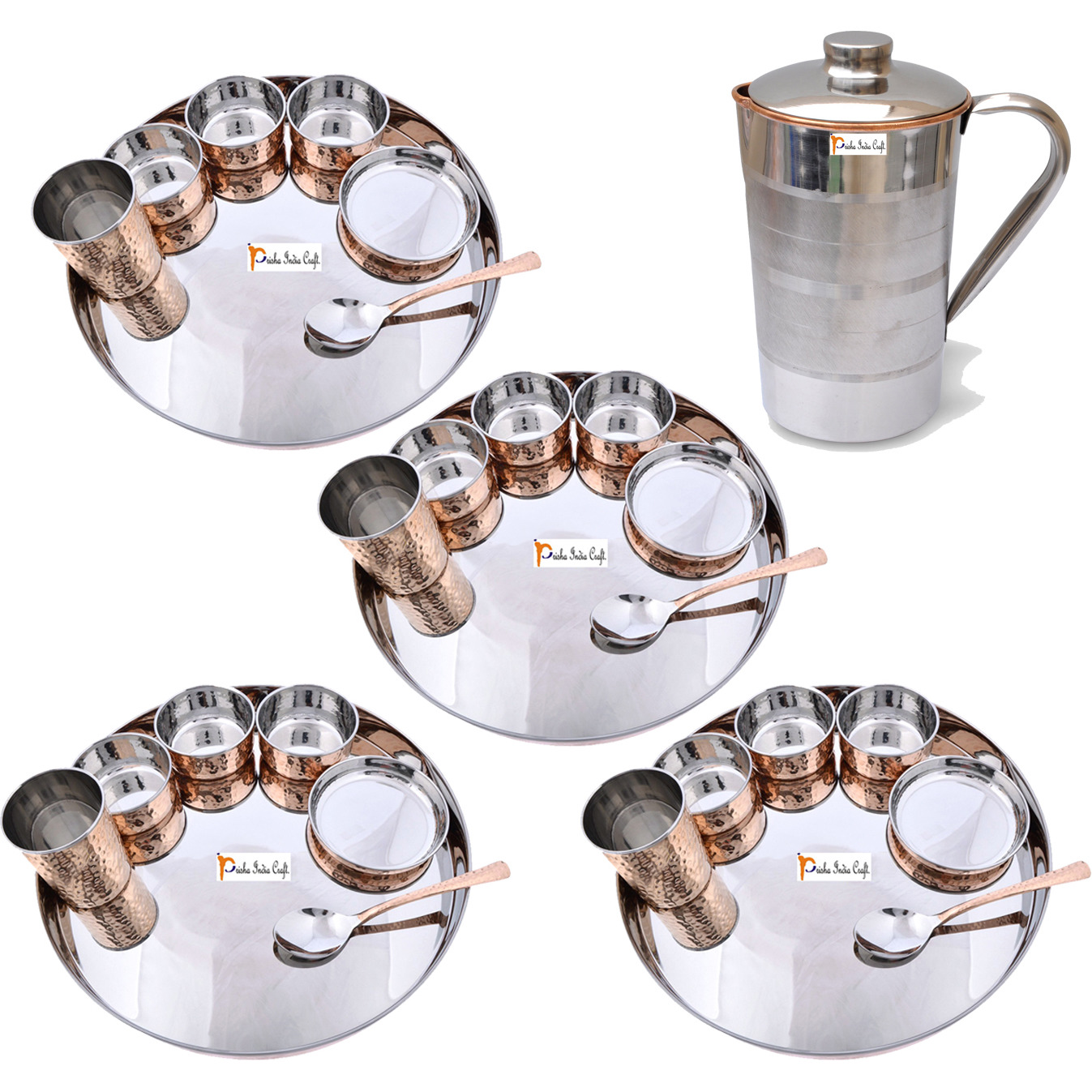 Prisha India Craft B. Set of 4 Dinnerware Traditional Stainless Steel Copper Dinner Set of Thali Plate, Bowls, Glass and Spoon, Dia 13  With 1 Pure Copper Pitcher Jug - Christmas Gift