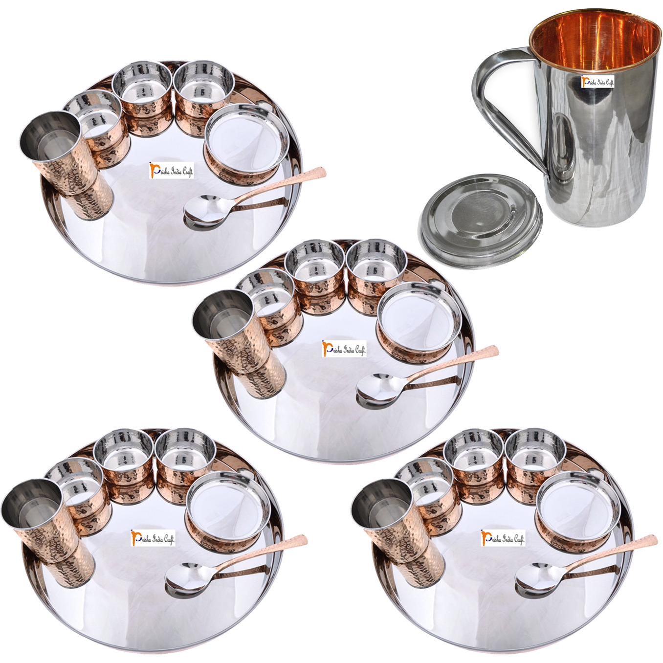 Prisha India Craft B. Set of 4 Dinnerware Traditional Stainless Steel Copper Dinner Set of Thali Plate, Bowls, Glass and Spoon, Dia 13  With 1 Stainless Steel Copper Pitcher Jug - Christmas Gift