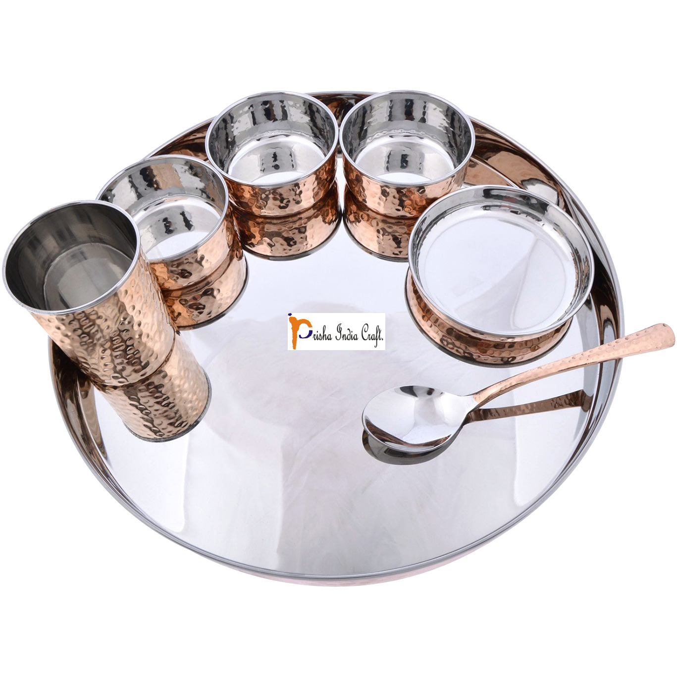 Prisha India Craft B. Set of 4 Dinnerware Traditional Stainless Steel Copper Dinner Set of Thali Plate, Bowls, Glass and Spoon, Dia 13  With 1 Pure Copper Hammered Pitcher Jug - Christmas Gift